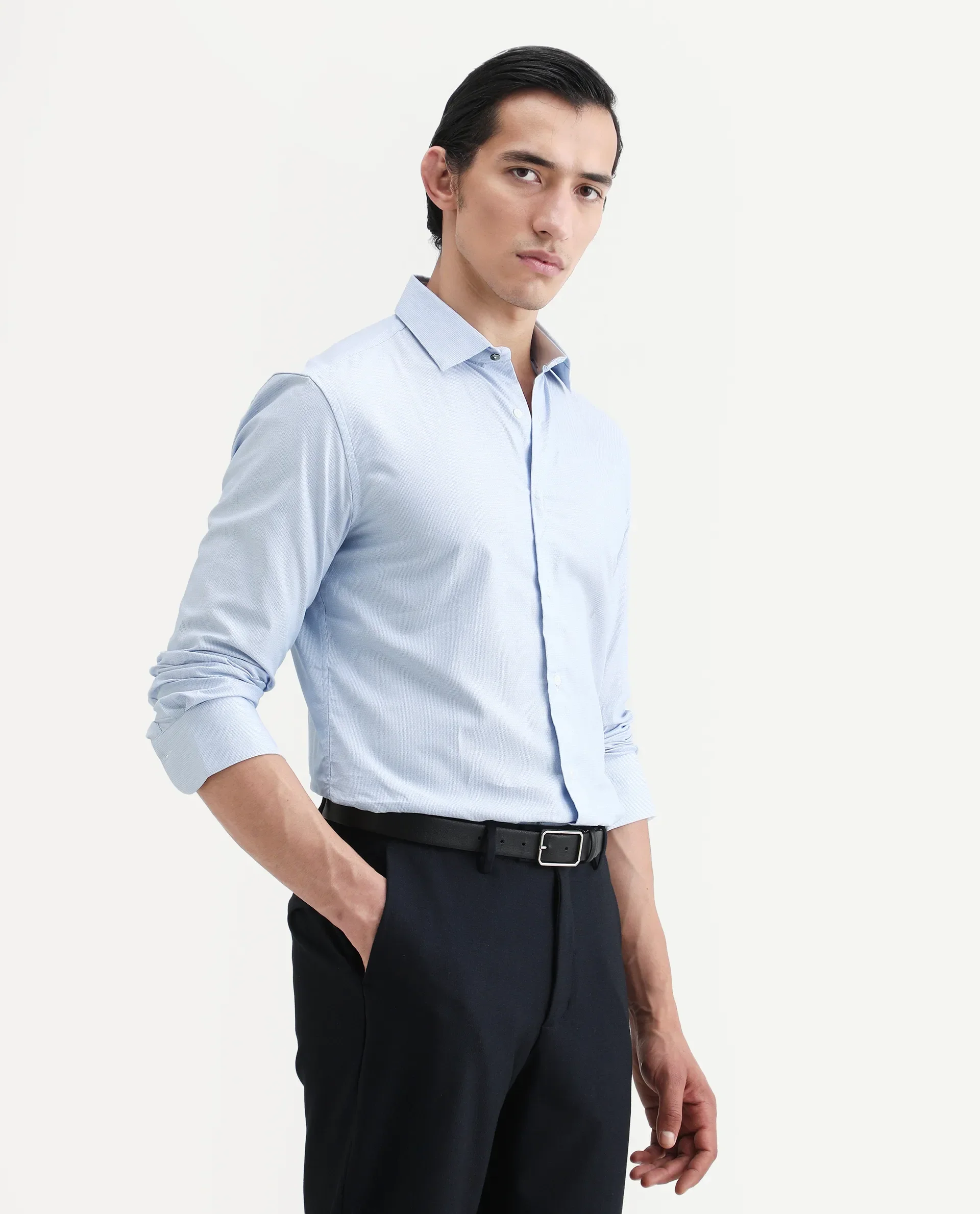 Rare Rabbit Men's Rigor Pastel Blue Cotton Textured Regular Fit Full Sleeve Collared Shirt - Image 5
