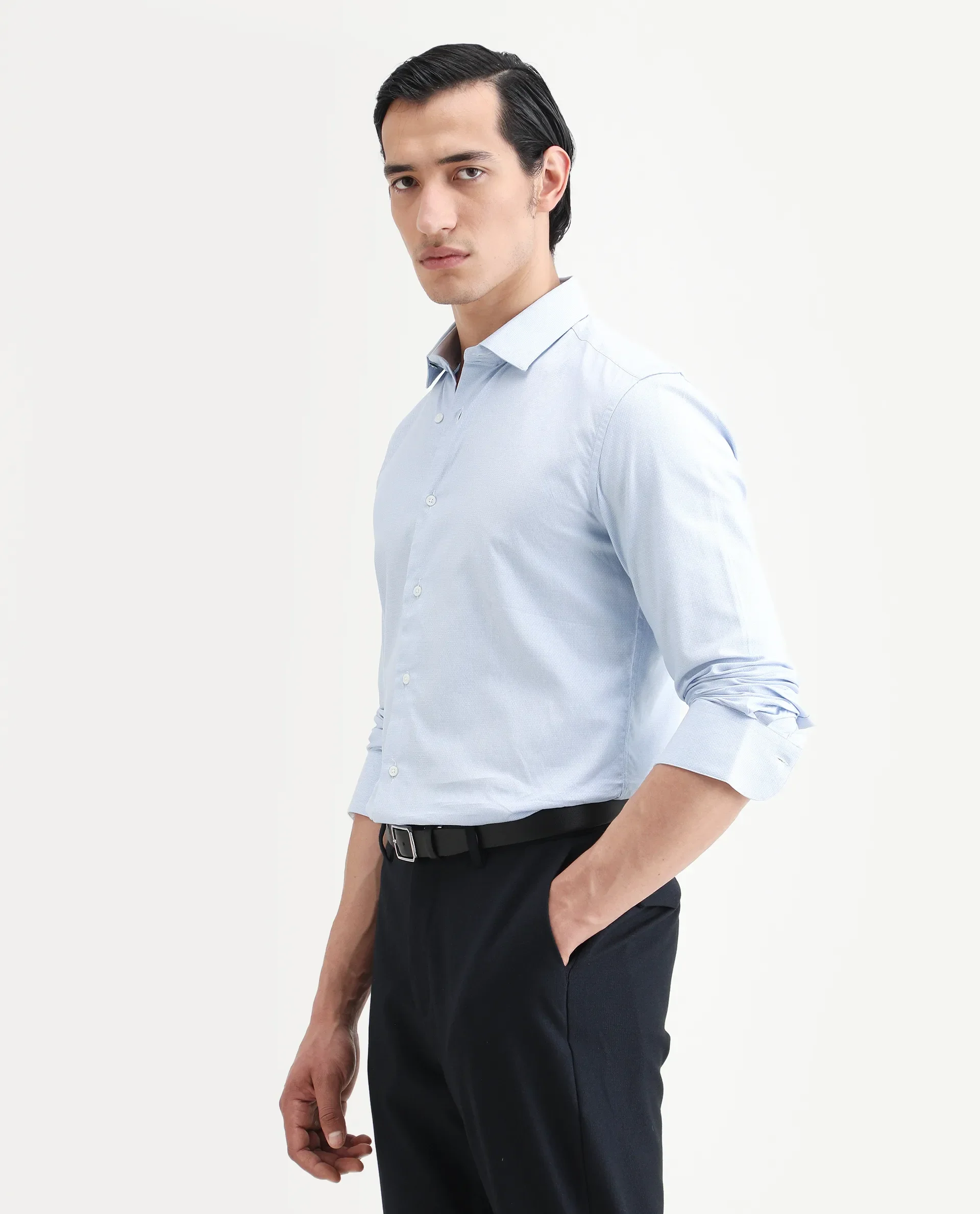 Rare Rabbit Men's Rigor Pastel Blue Cotton Textured Regular Fit Full Sleeve Collared Shirt - Image 6