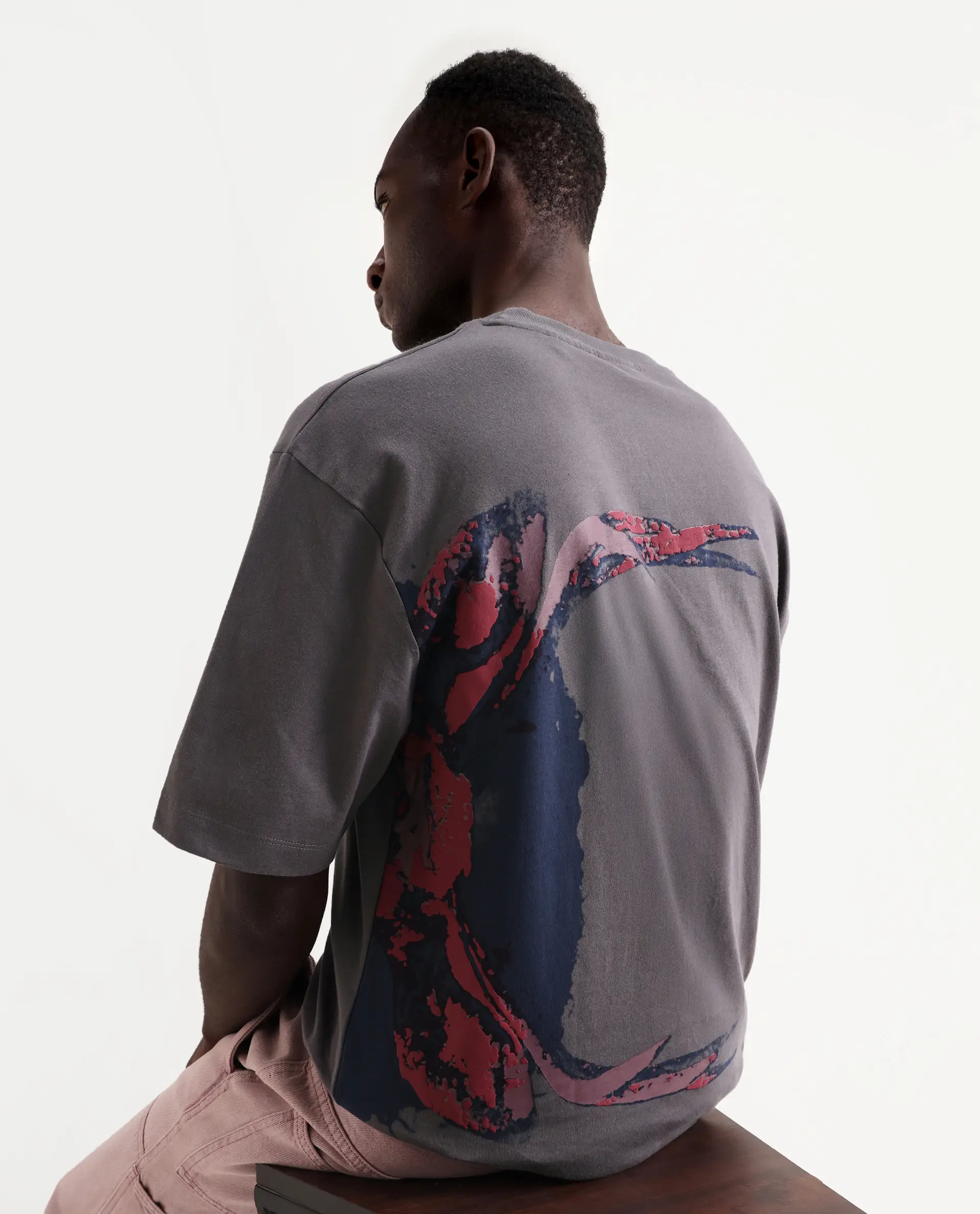 Rare Rabbit Men's Rigy Dark Grey Cotton Graphic Print Oversized Fit Half Sleeve Crew Neck T-Shirt