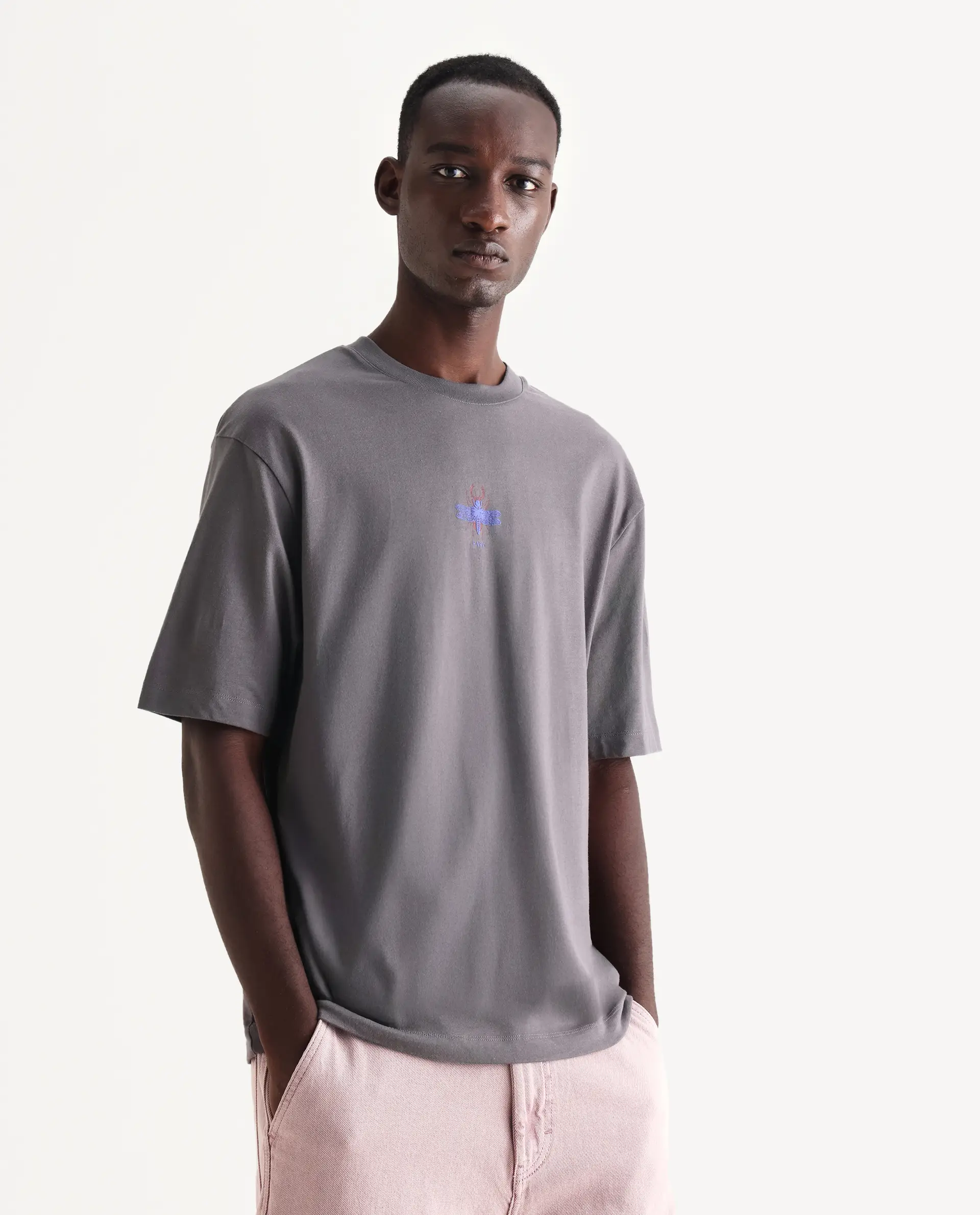 Rare Rabbit Men's Rigy Dark Grey Cotton Graphic Print Oversized Fit Half Sleeve Crew Neck T-Shirt - Image 4