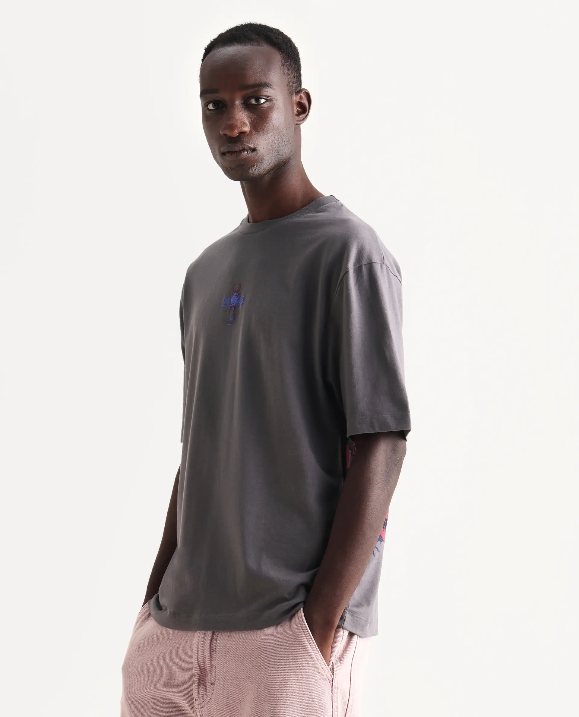 Rare Rabbit Men's Rigy Dark Grey Cotton Graphic Print Oversized Fit Half Sleeve Crew Neck T-Shirt - Image 6