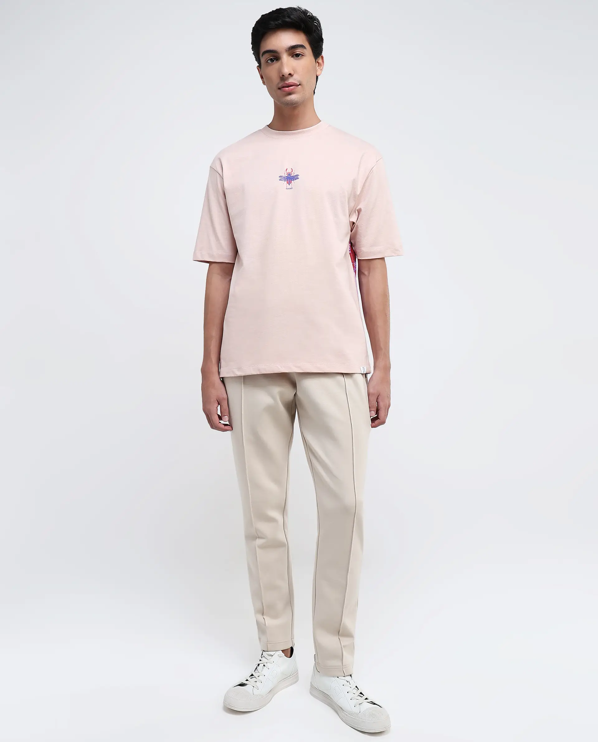 Rare Rabbit Men's Rigy Pastel Pink Cotton Graphic Print Oversized Fit Half Sleeve Crew Neck T-Shirt - Image 2