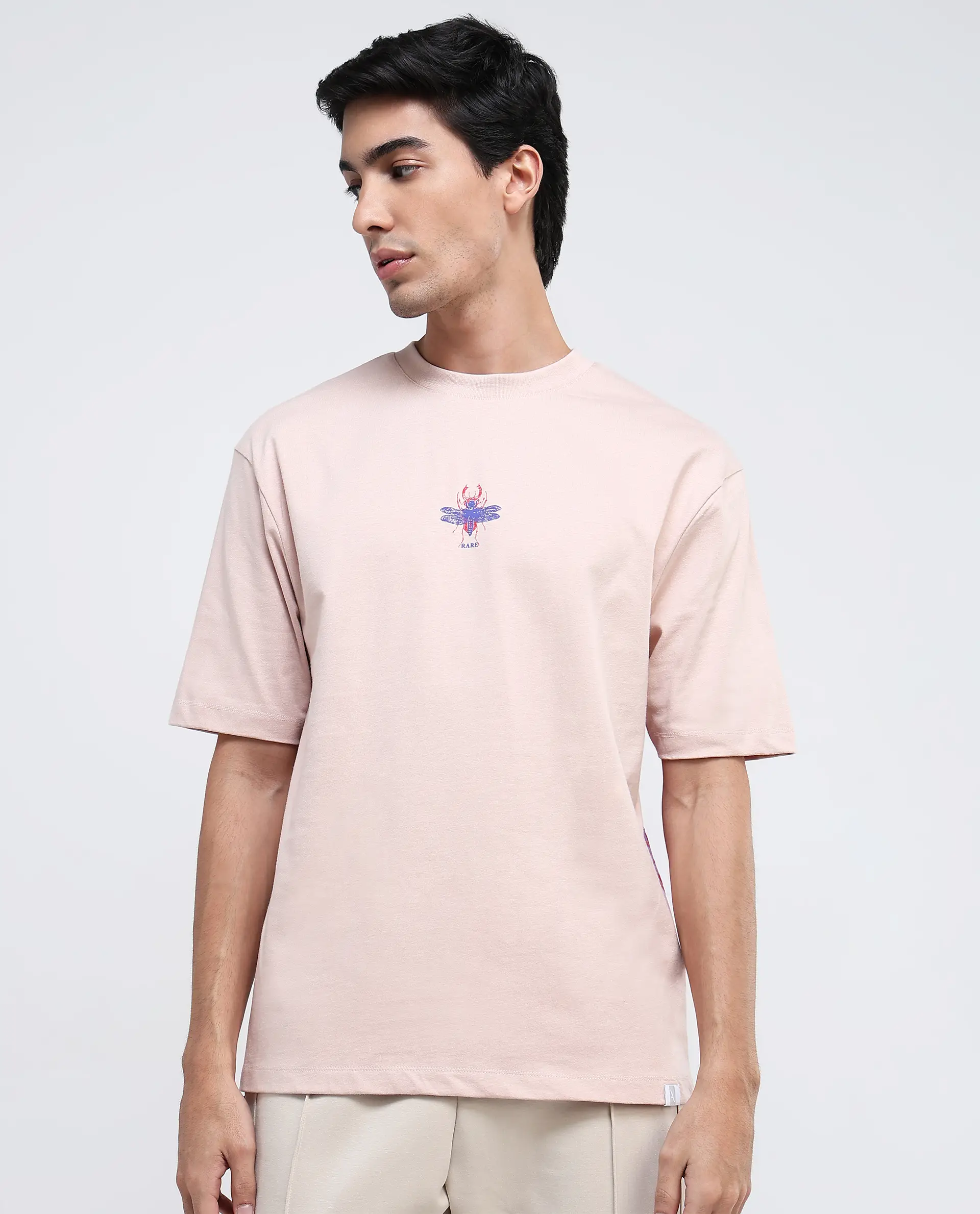 Rare Rabbit Men's Rigy Pastel Pink Cotton Graphic Print Oversized Fit Half Sleeve Crew Neck T-Shirt - Image 3