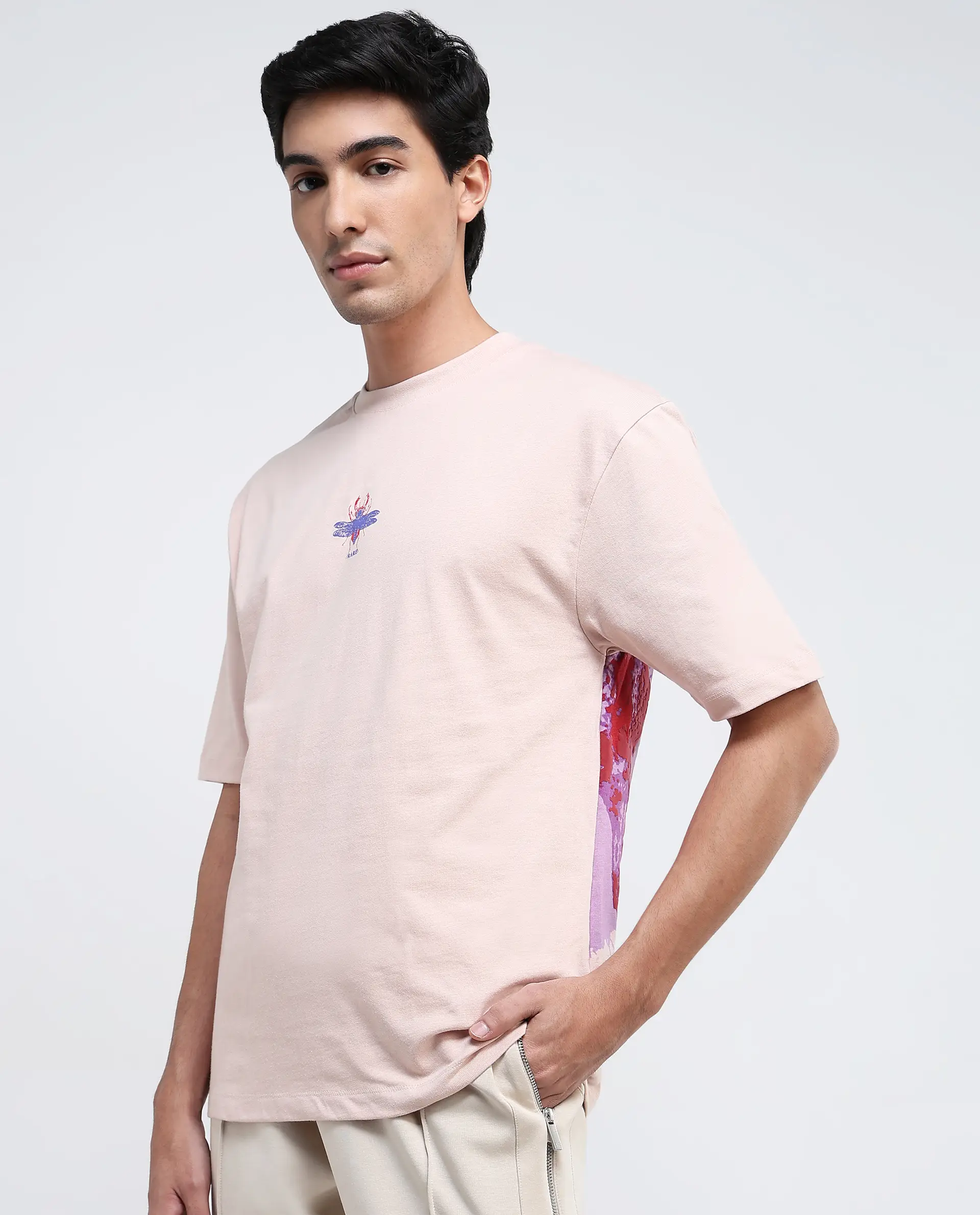 Rare Rabbit Men's Rigy Pastel Pink Cotton Graphic Print Oversized Fit Half Sleeve Crew Neck T-Shirt - Image 6