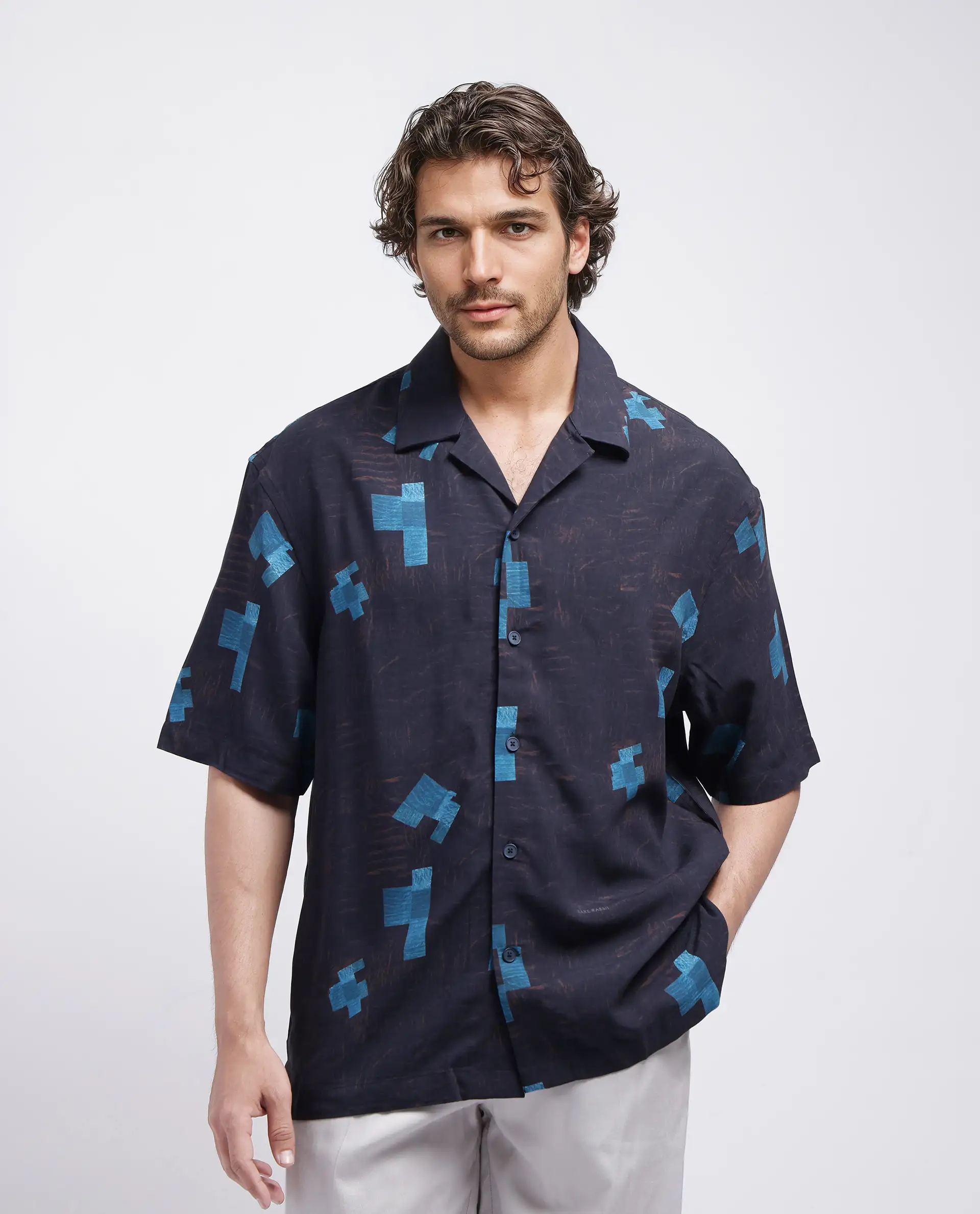 Rare Rabbit Men's Riko Dark Brown Viscose Abstract Print Oversized Fit Half Sleeve Cuban Collar Shirt - Image 2
