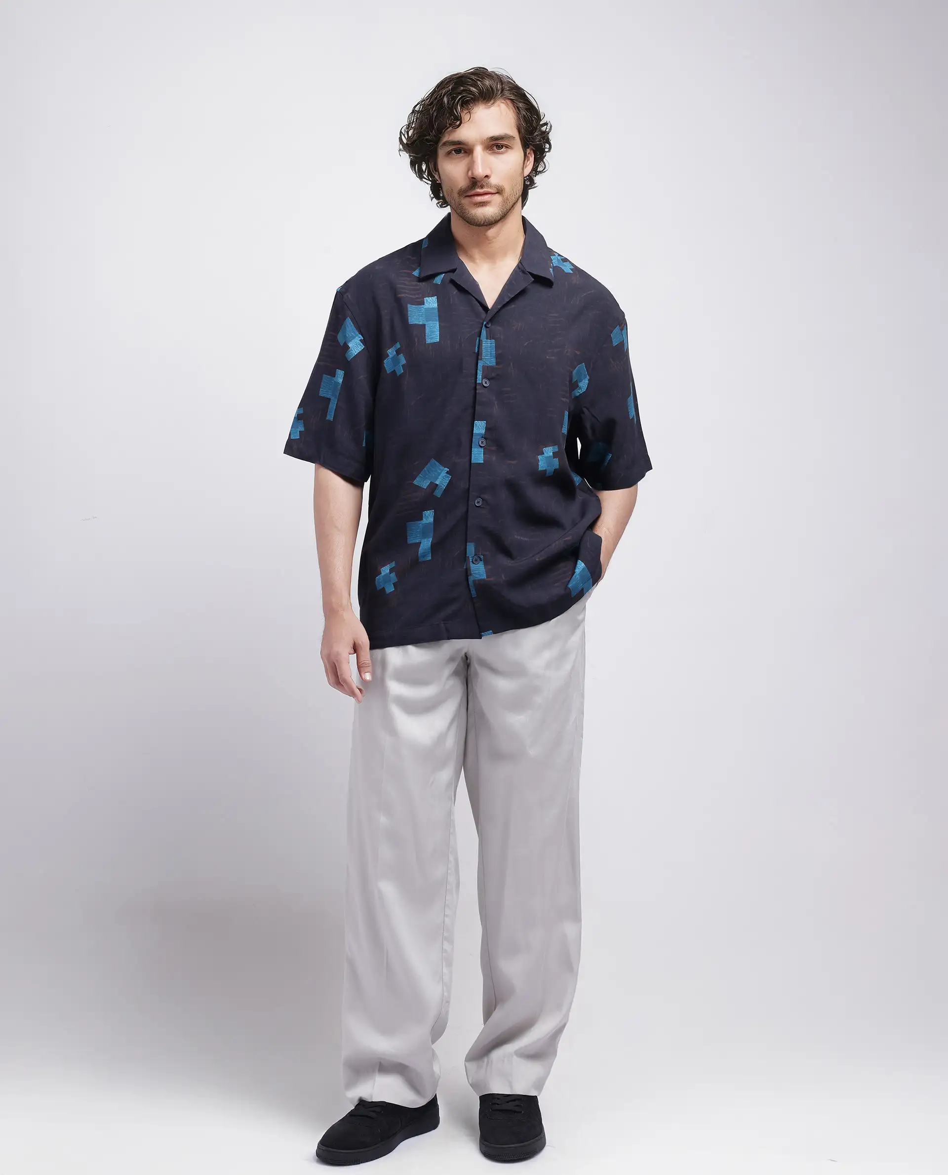 Rare Rabbit Men's Riko Dark Brown Viscose Abstract Print Oversized Fit Half Sleeve Cuban Collar Shirt - Image 3