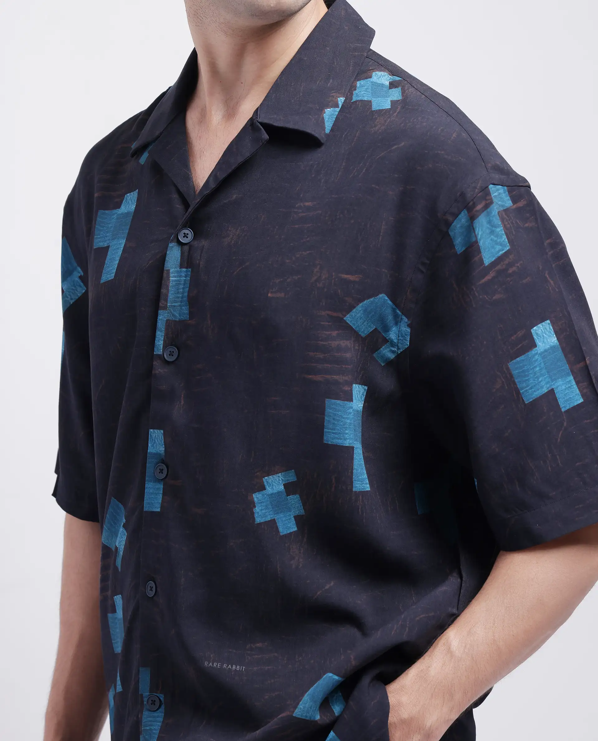 Rare Rabbit Men's Riko Dark Brown Viscose Abstract Print Oversized Fit Half Sleeve Cuban Collar Shirt - Image 4