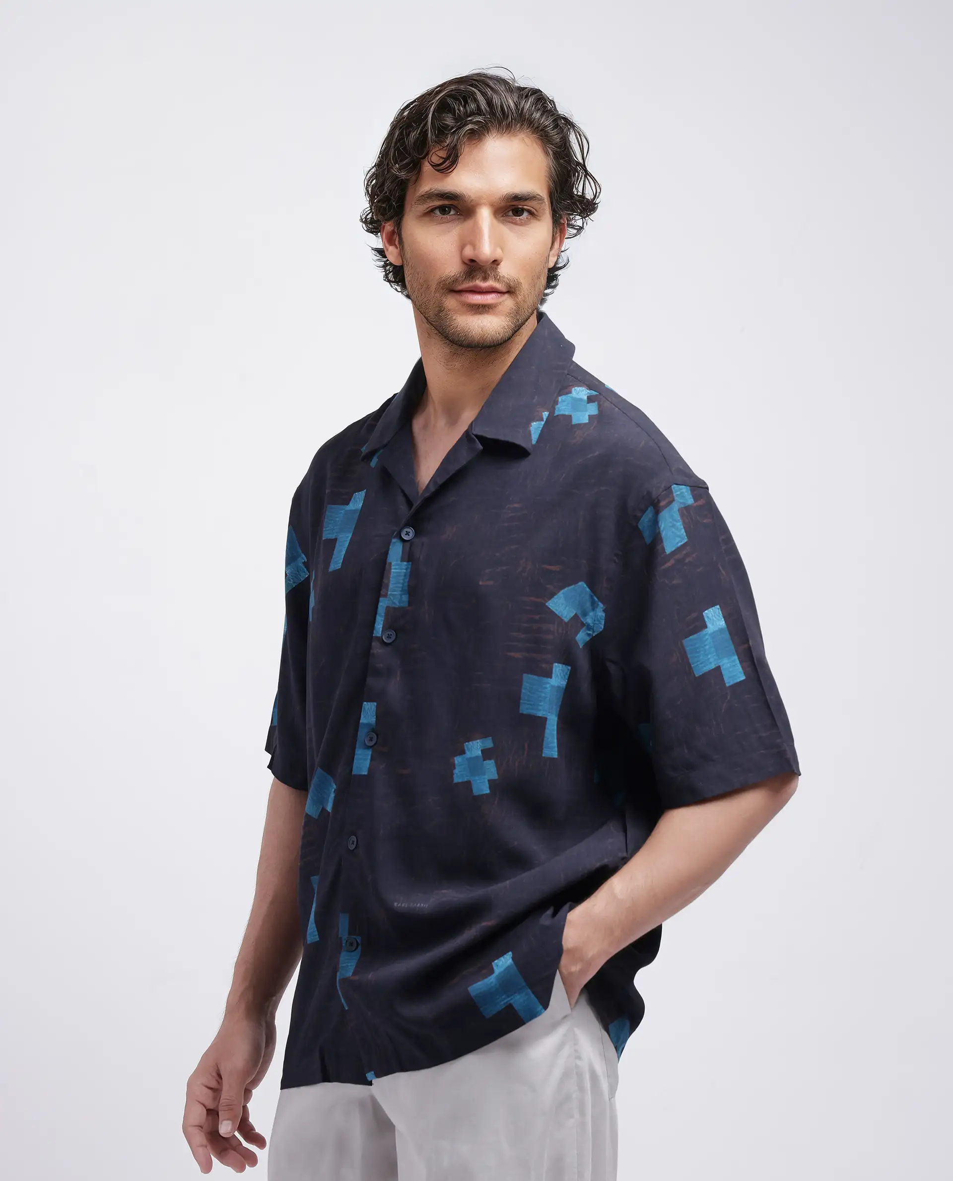 Rare Rabbit Men's Riko Dark Brown Viscose Abstract Print Oversized Fit Half Sleeve Cuban Collar Shirt - Image 7
