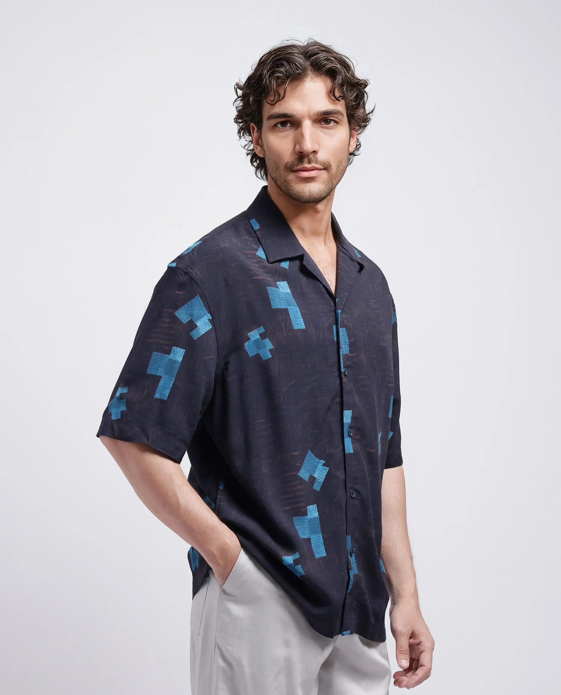 Rare Rabbit Men's Riko Dark Brown Viscose Abstract Print Oversized Fit Half Sleeve Cuban Collar Shirt - Image 8