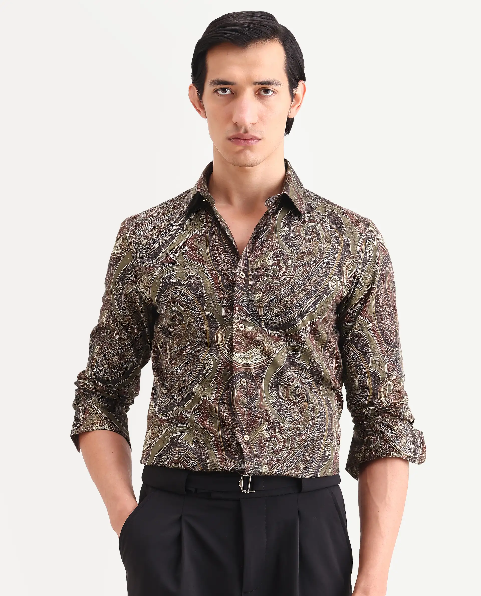 Rare Rabbit Men's Riko Dusky Green Cotton Fabric Full Sleeve Spread Collar Regular Fit Paisley Shirt - Image 5