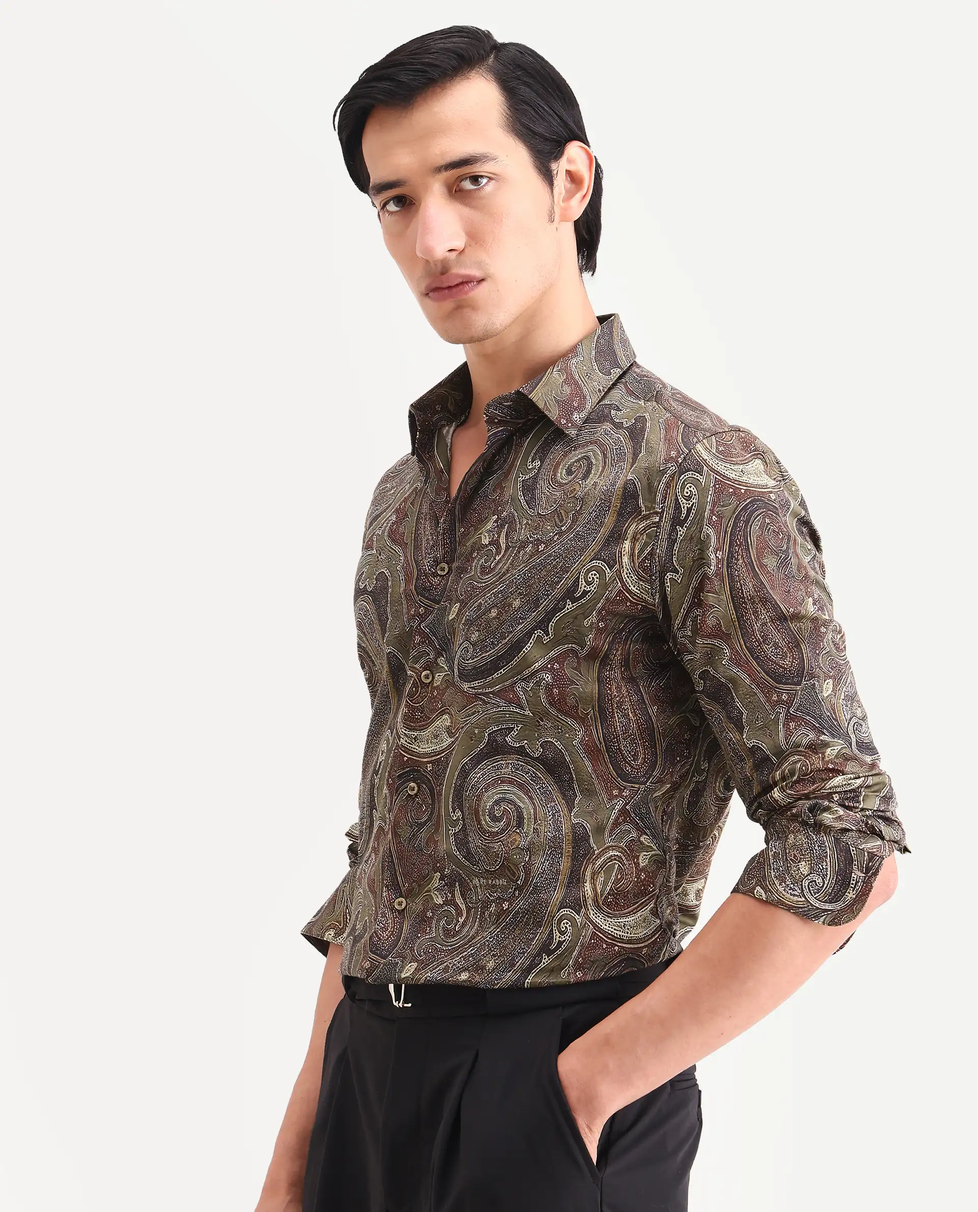 Rare Rabbit Men's Riko Dusky Green Cotton Fabric Full Sleeve Spread Collar Regular Fit Paisley Shirt - Image 6