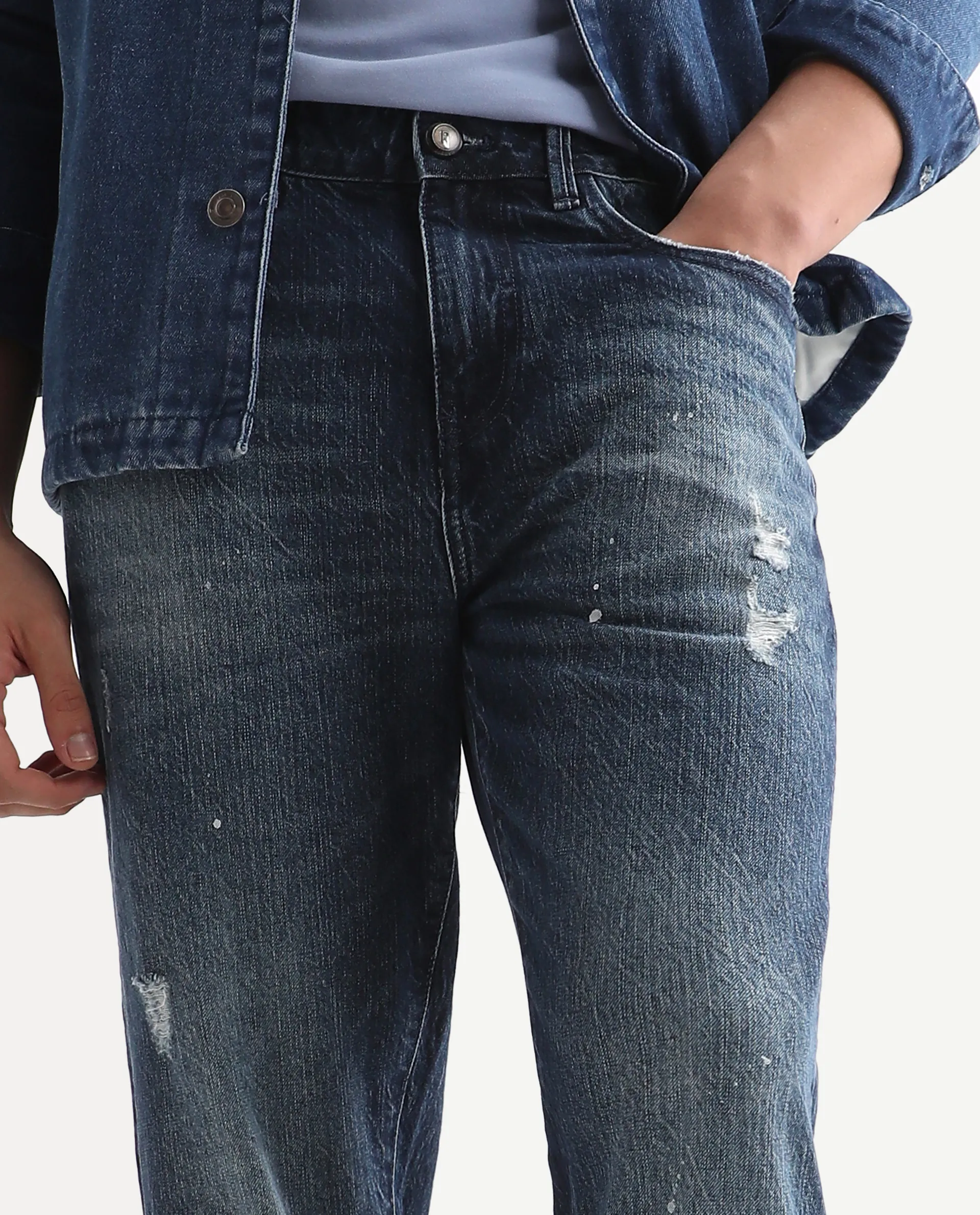 Rare Rabbit Men's Riley Blue Cotton Plain Kurt Carrot Fit Jeans - Image 2