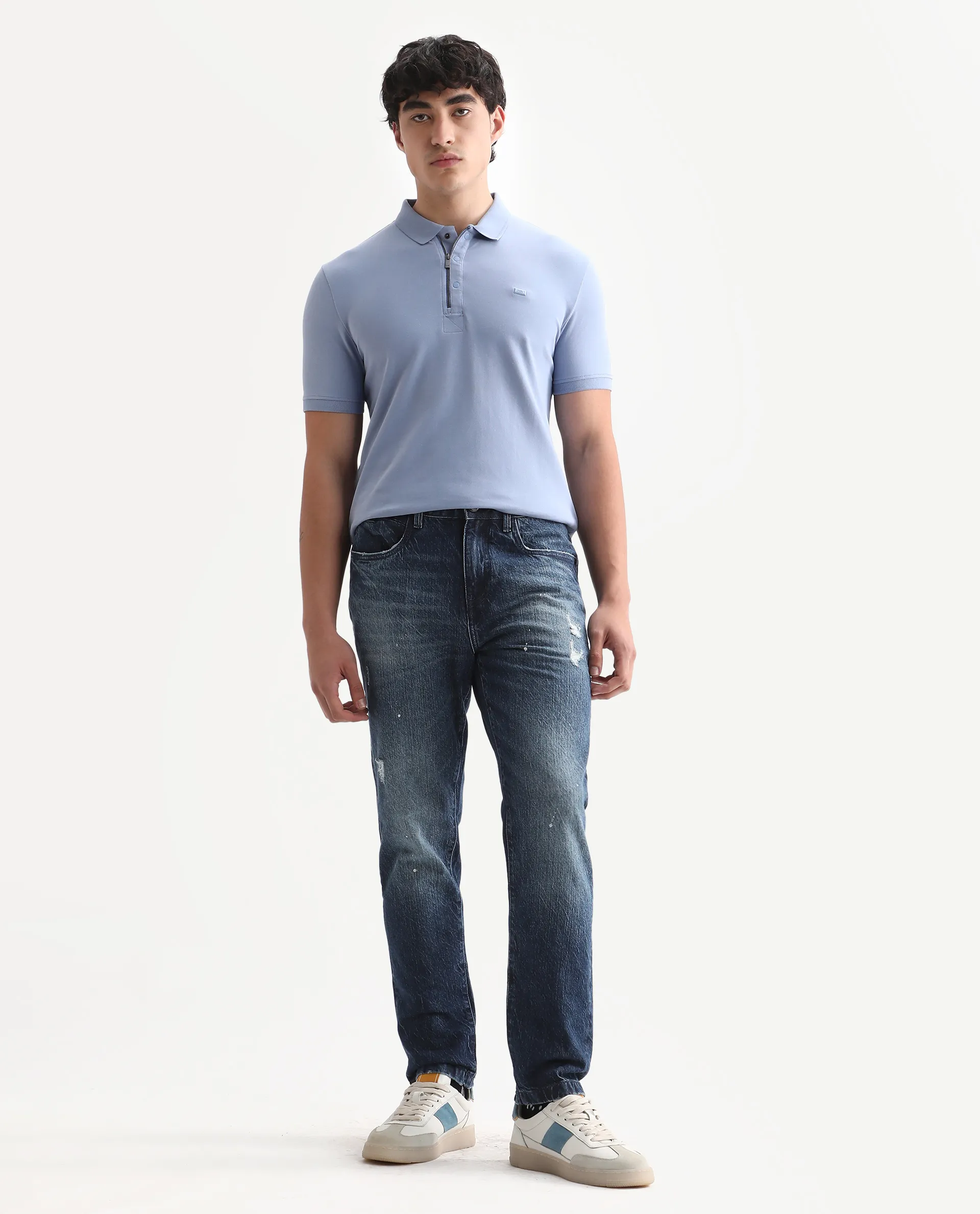Rare Rabbit Men's Riley Blue Cotton Plain Kurt Carrot Fit Jeans - Image 3