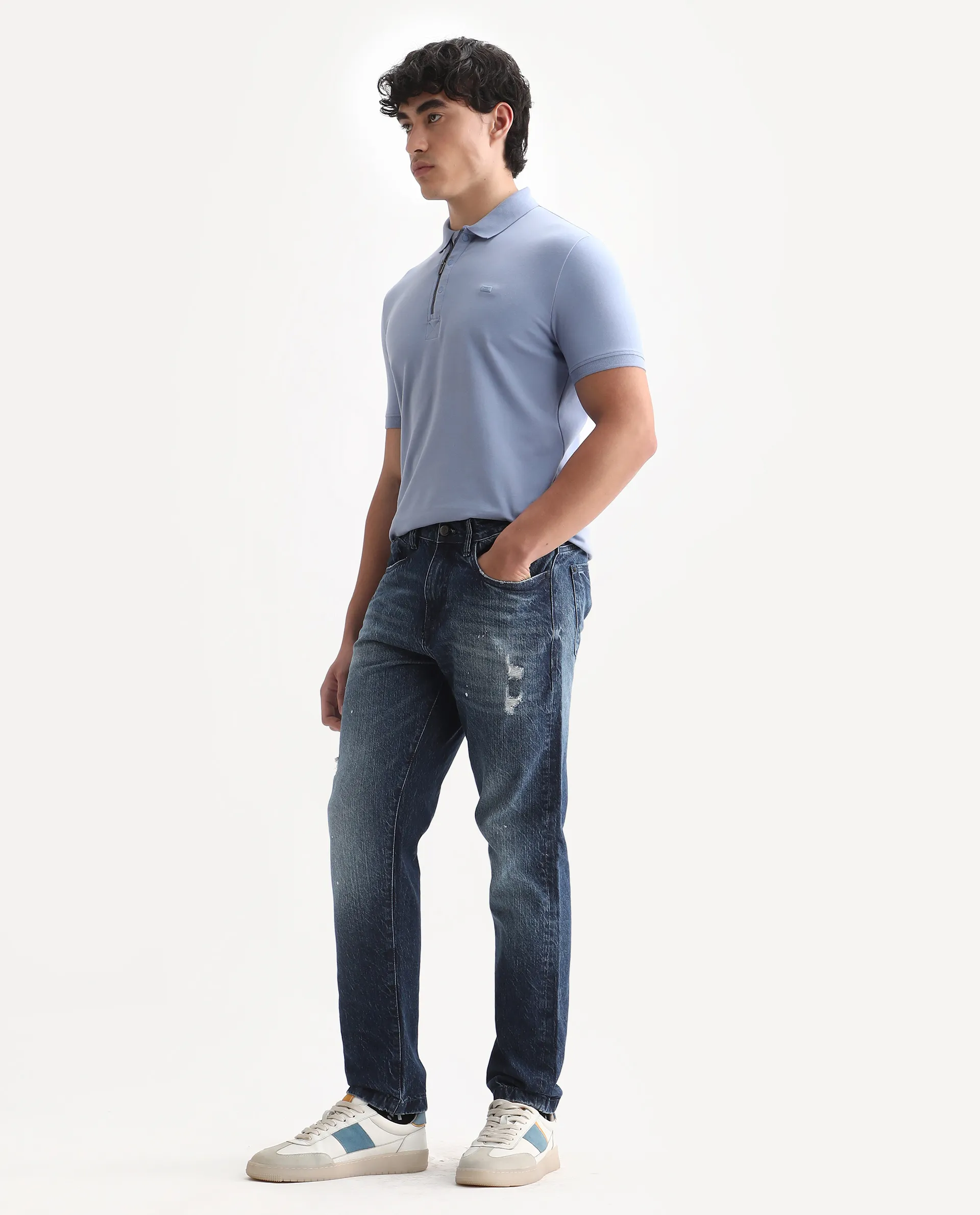 Rare Rabbit Men's Riley Blue Cotton Plain Kurt Carrot Fit Jeans - Image 4