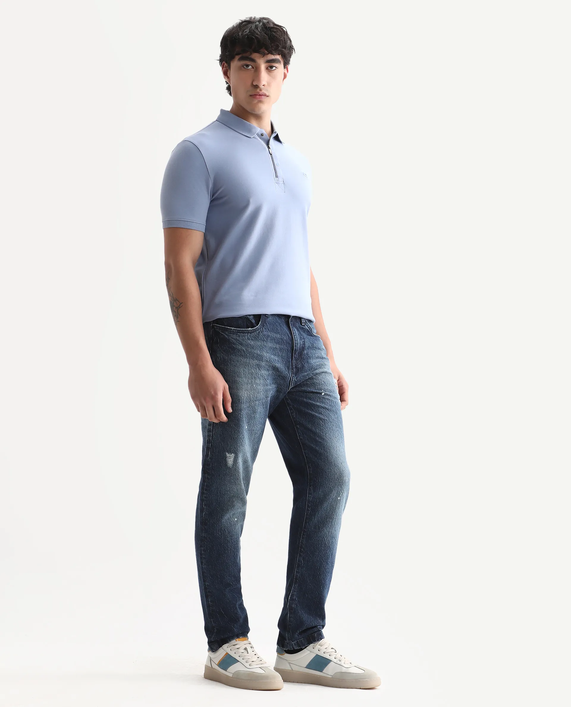 Rare Rabbit Men's Riley Blue Cotton Plain Kurt Carrot Fit Jeans - Image 5