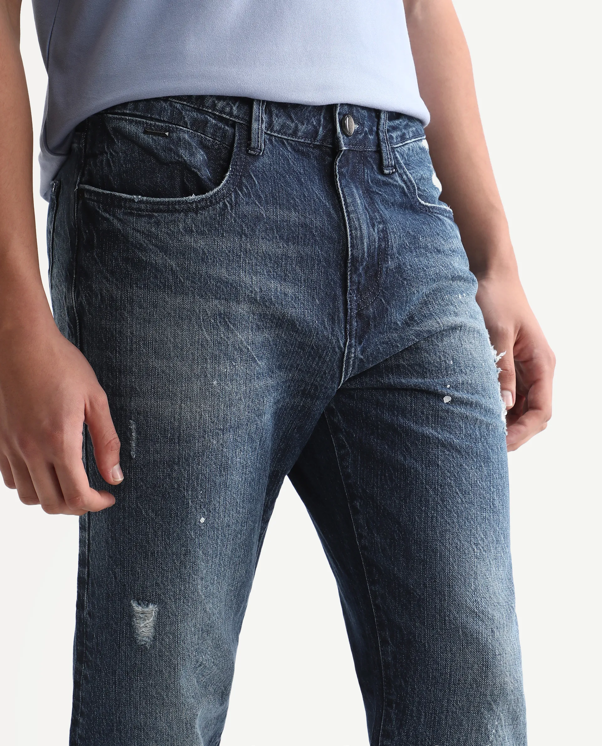 Rare Rabbit Men's Riley Blue Cotton Plain Kurt Carrot Fit Jeans - Image 6