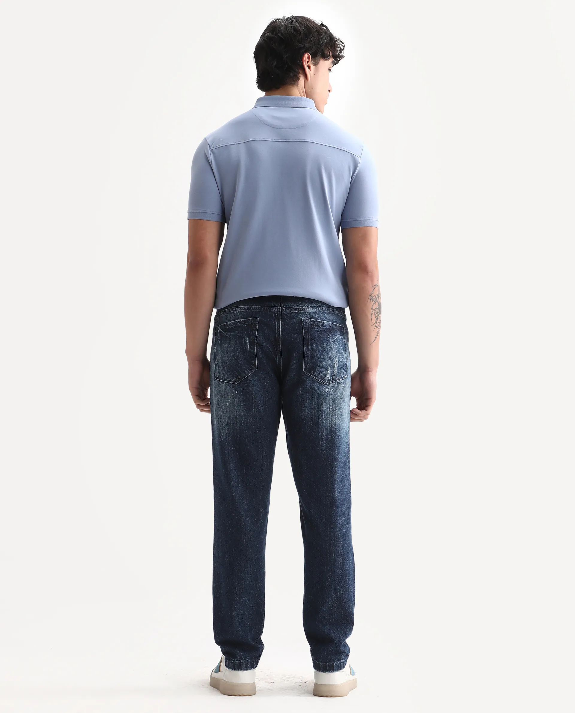 Rare Rabbit Men's Riley Blue Cotton Plain Kurt Carrot Fit Jeans - Image 7