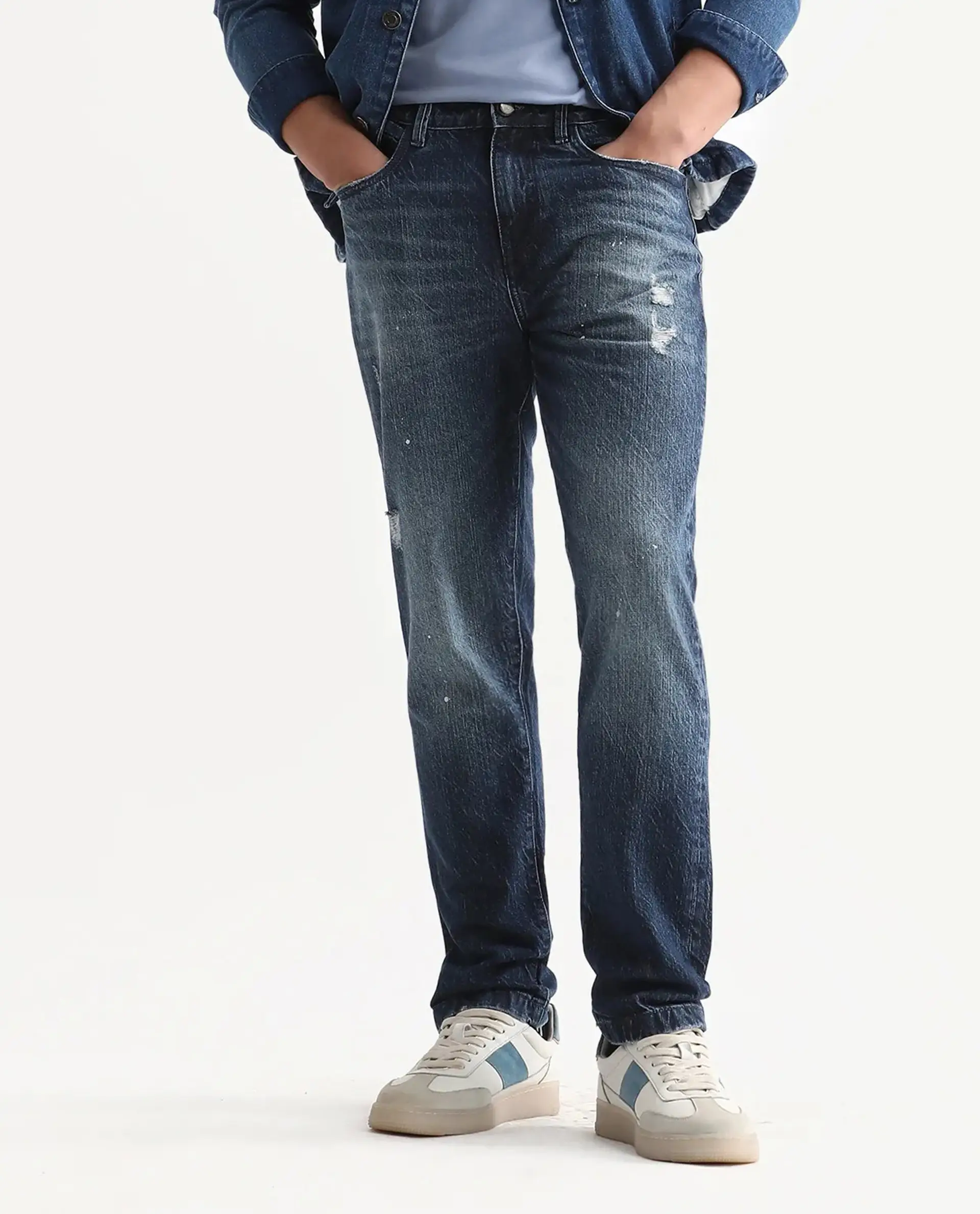 Rare Rabbit Men's Riley Blue Cotton Plain Kurt Carrot Fit Jeans - Image 8