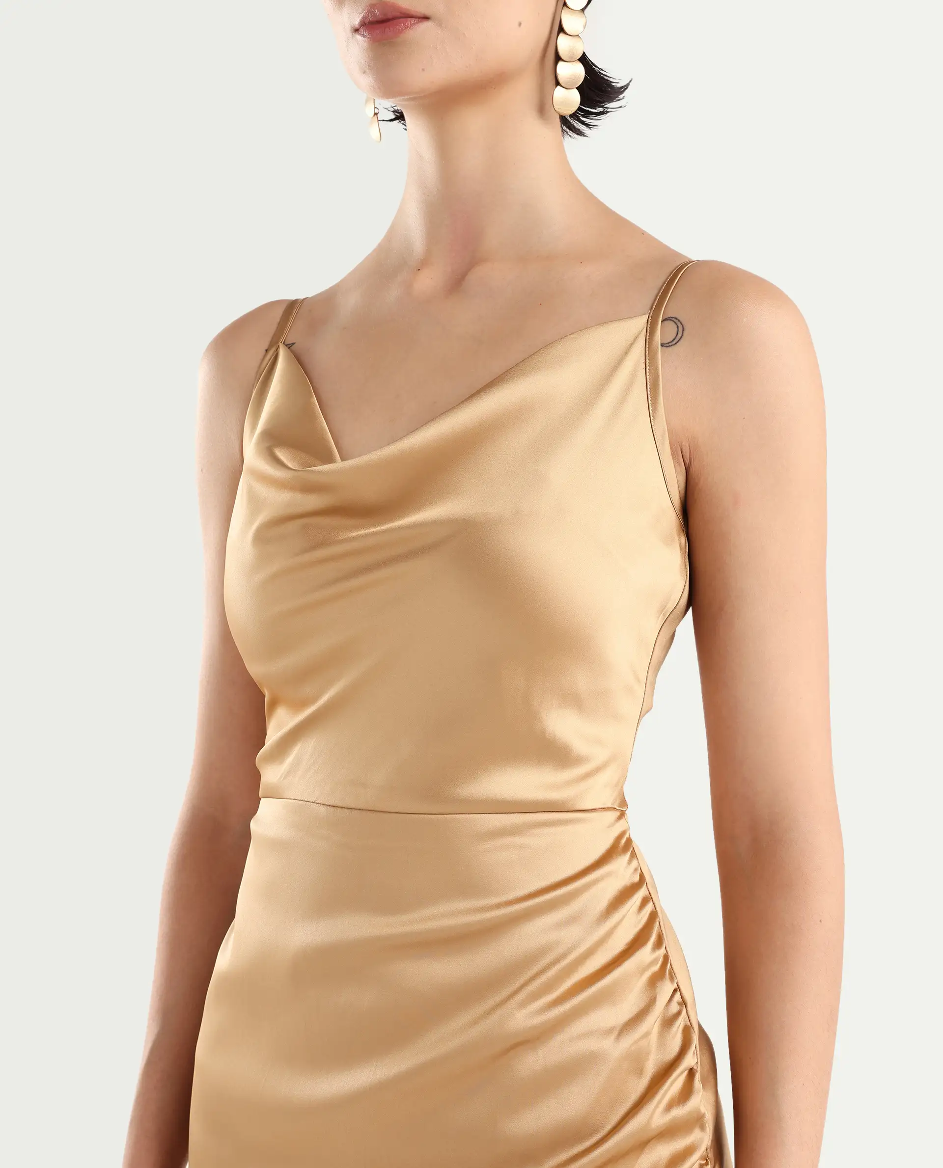 Rareism Women's Rilu Sheen Gold Polyester Blend Cowl Neck Plain Shoulder Strap Knee Length Regular Fit Dress - Image 4