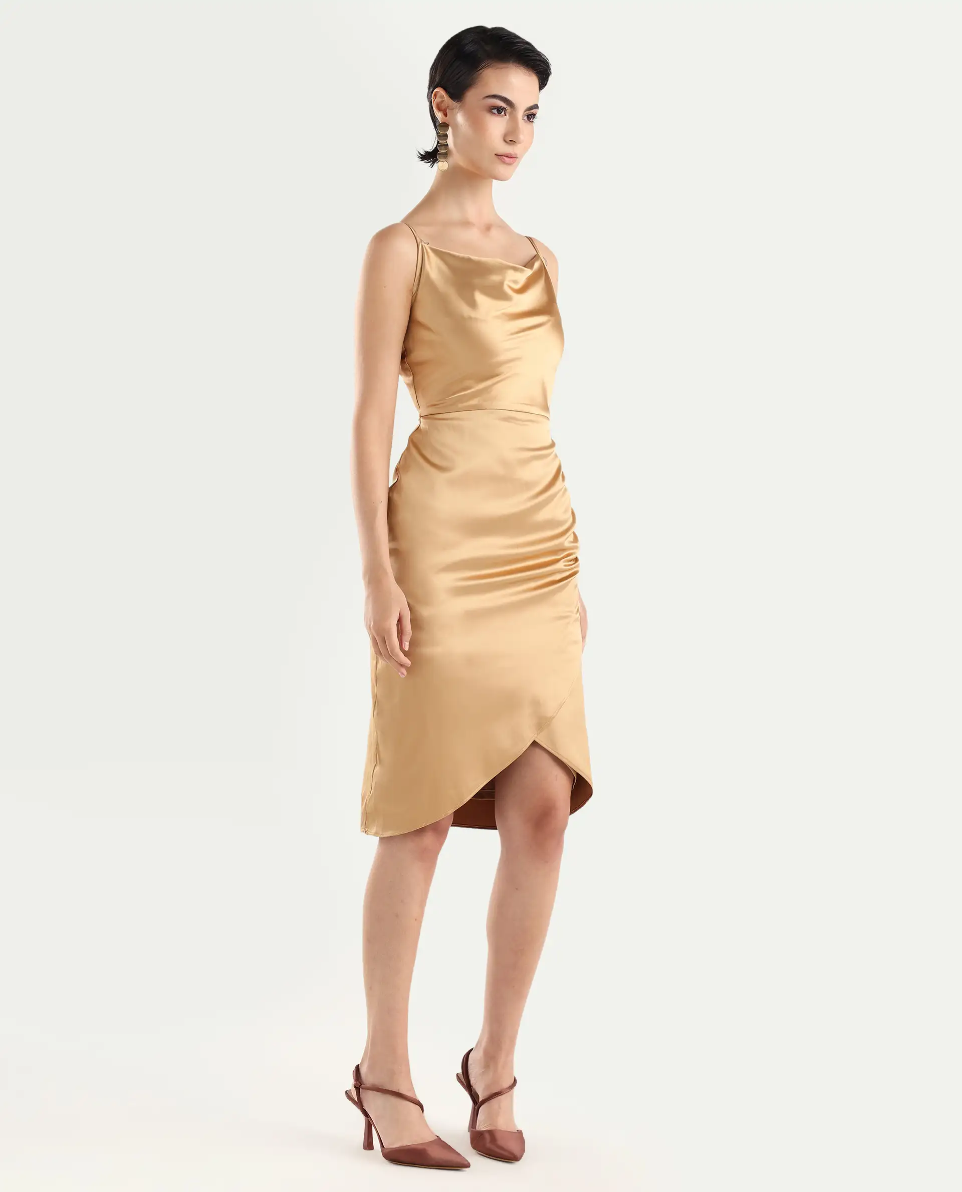 Rareism Women's Rilu Sheen Gold Polyester Blend Cowl Neck Plain Shoulder Strap Knee Length Regular Fit Dress - Image 6