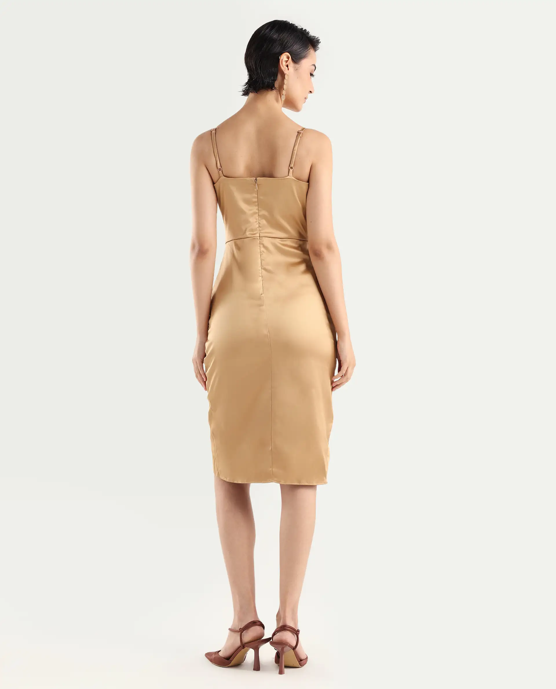 Rareism Women's Rilu Sheen Gold Polyester Blend Cowl Neck Plain Shoulder Strap Knee Length Regular Fit Dress - Image 7