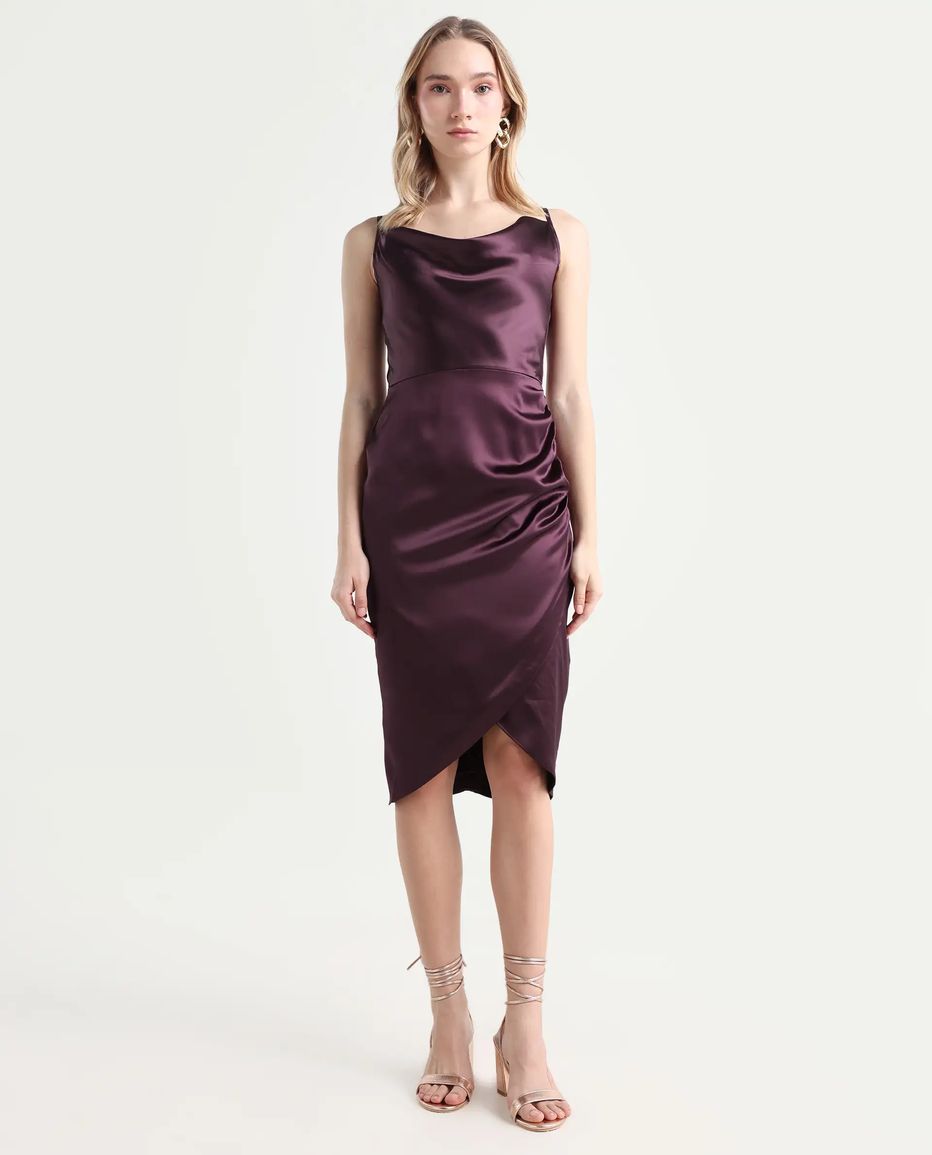 Rareism Women's Rilu Sheen Maroon Polyester Blend Cowl Neck Plain Shoulder Strap Knee Length Regular Fit Dress - Image 2