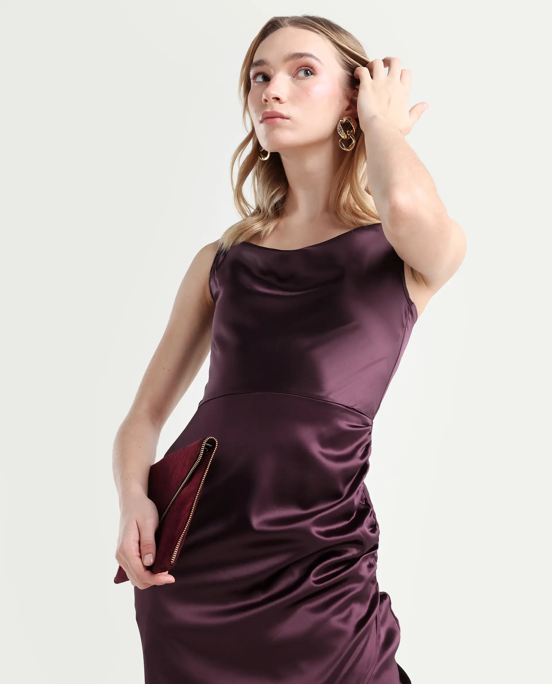 Rareism Women's Rilu Sheen Maroon Polyester Blend Cowl Neck Plain Shoulder Strap Knee Length Regular Fit Dress - Image 3