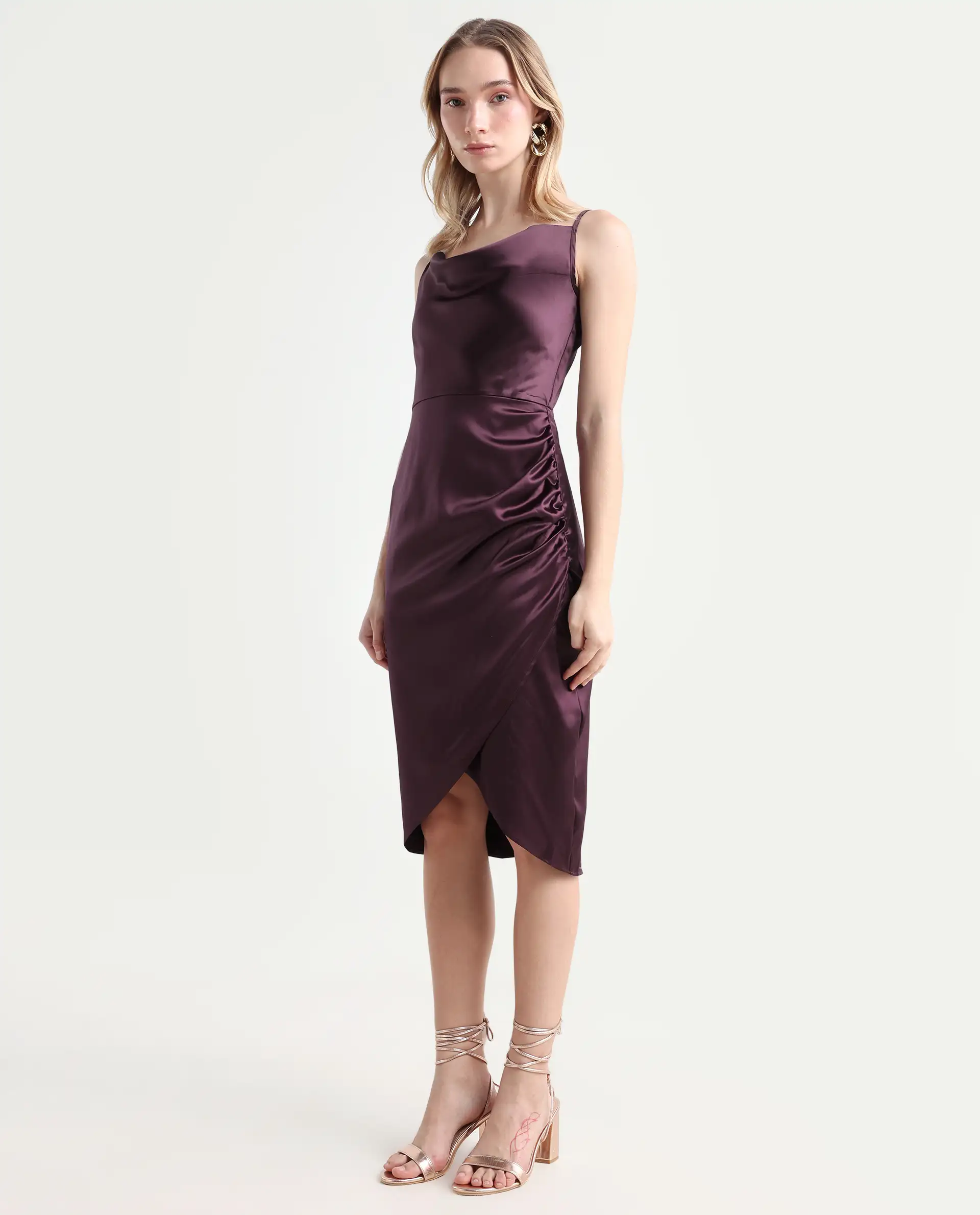 Rareism Women's Rilu Sheen Maroon Polyester Blend Cowl Neck Plain Shoulder Strap Knee Length Regular Fit Dress - Image 7