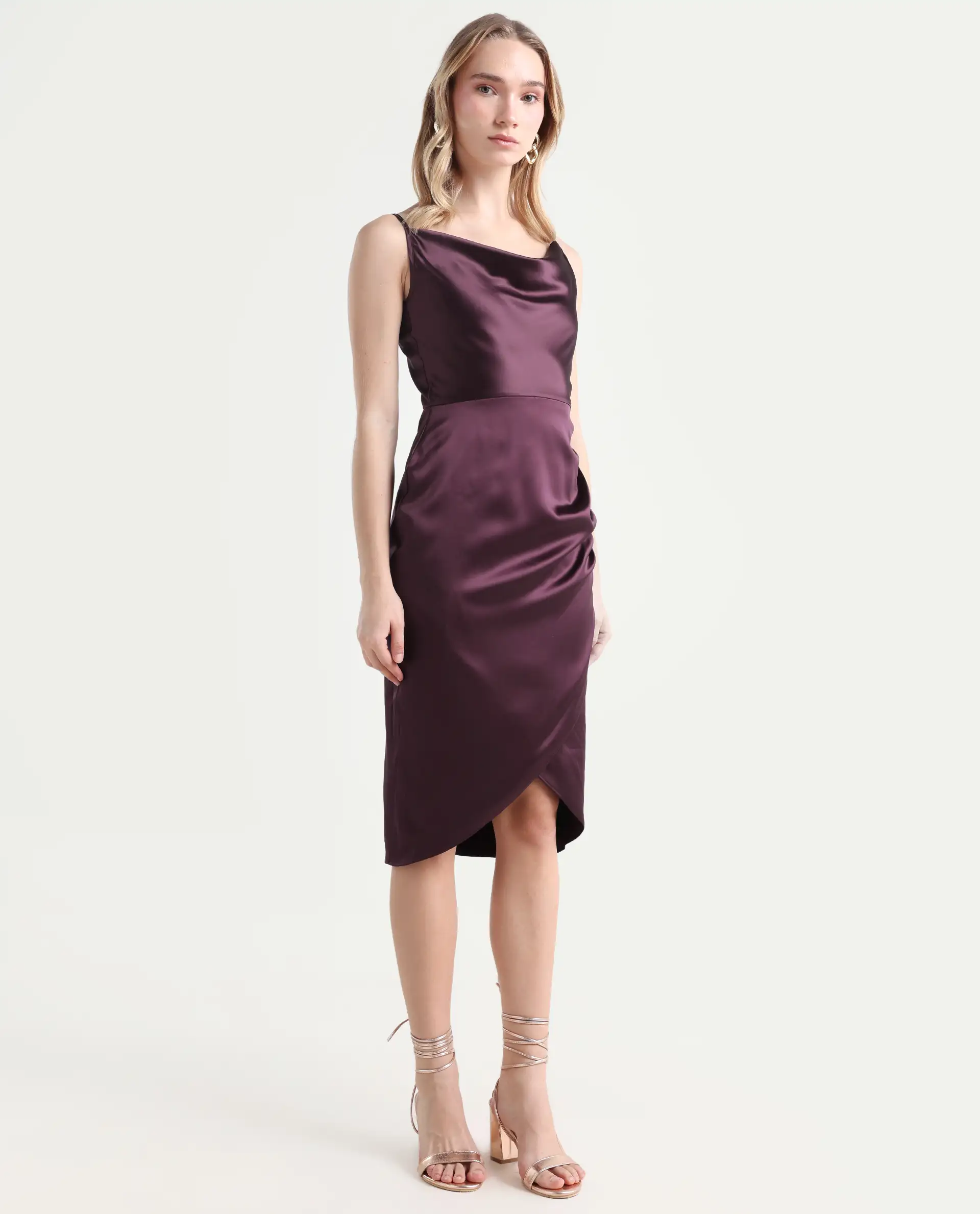 Rareism Women's Rilu Sheen Maroon Polyester Blend Cowl Neck Plain Shoulder Strap Knee Length Regular Fit Dress - Image 8