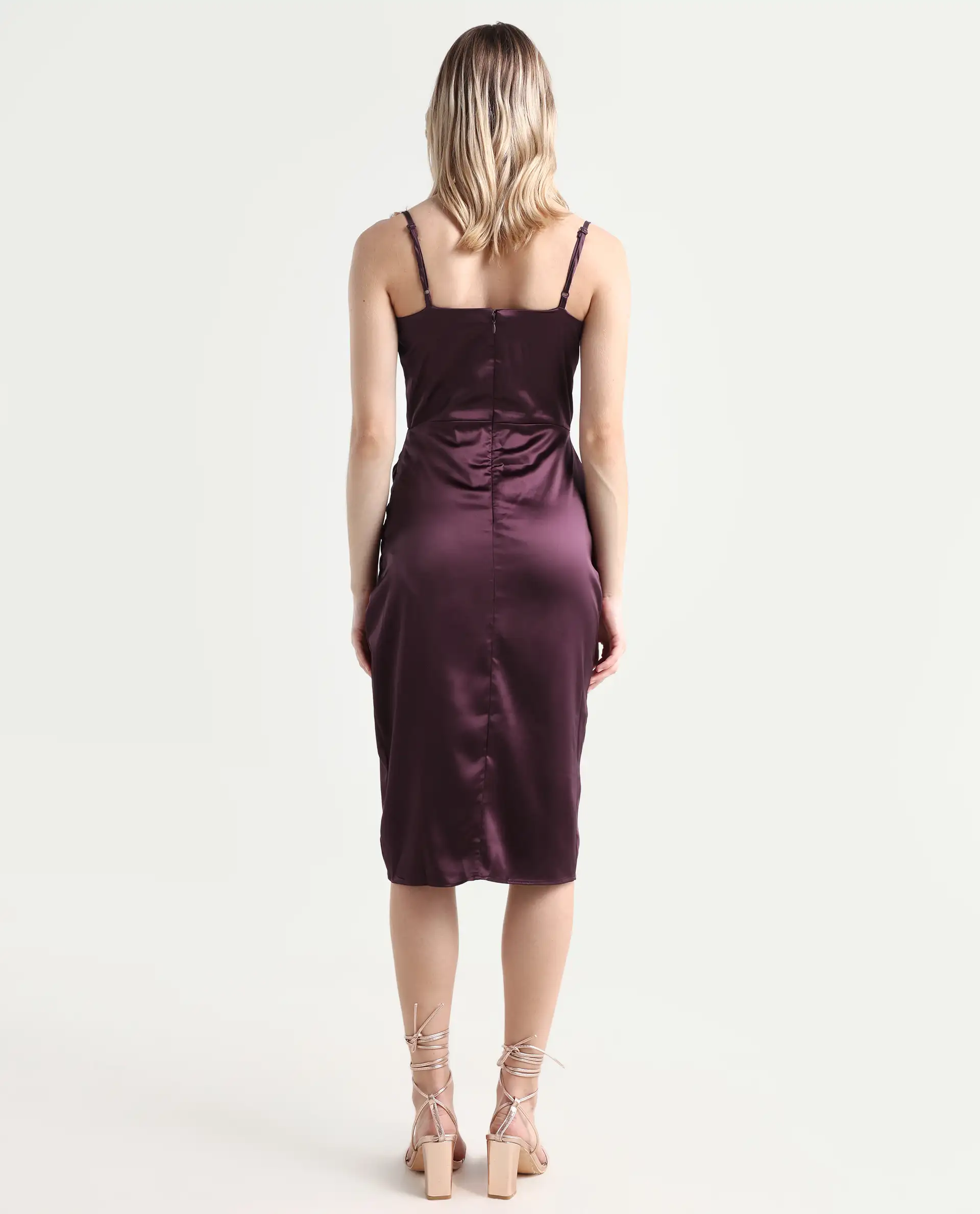 Rareism Women's Rilu Sheen Maroon Polyester Blend Cowl Neck Plain Shoulder Strap Knee Length Regular Fit Dress - Image 9