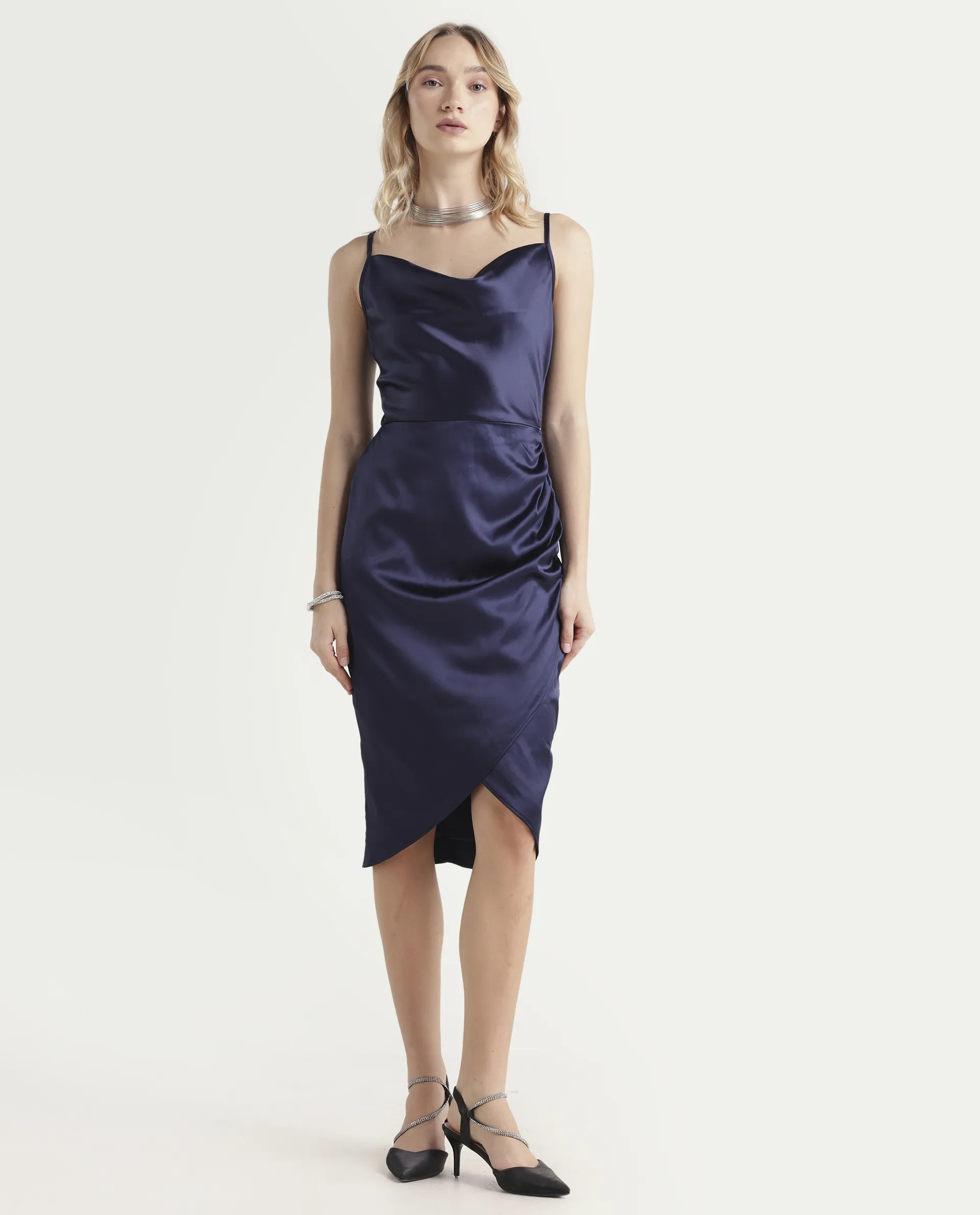 Rareism Women's Rilu Sheen Navy Polyester Blend Cowl Neck Plain Shoulder Strap Knee Length Regular Fit Dress - Image 2