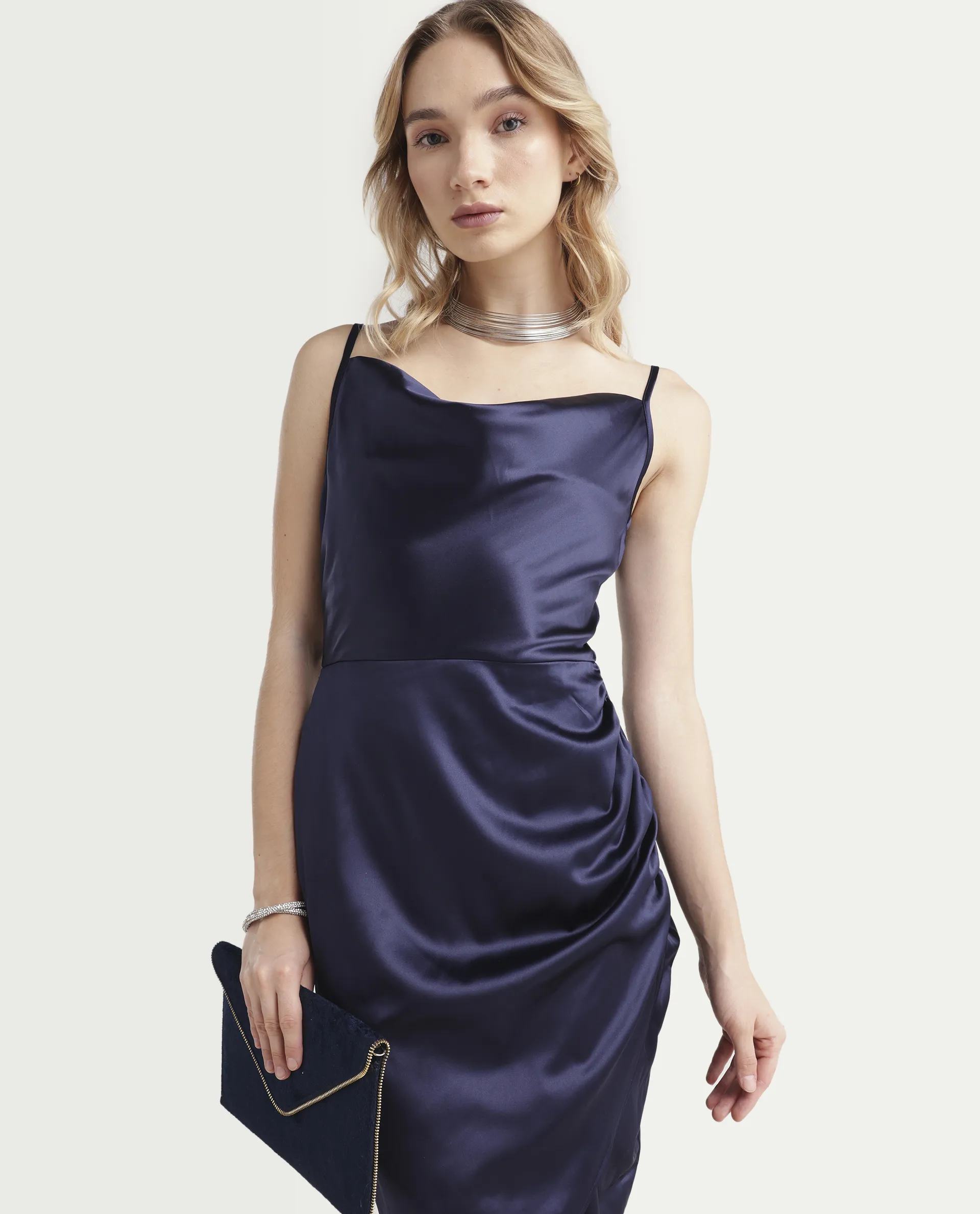 Rareism Women's Rilu Sheen Navy Polyester Blend Cowl Neck Plain Shoulder Strap Knee Length Regular Fit Dress - Image 3