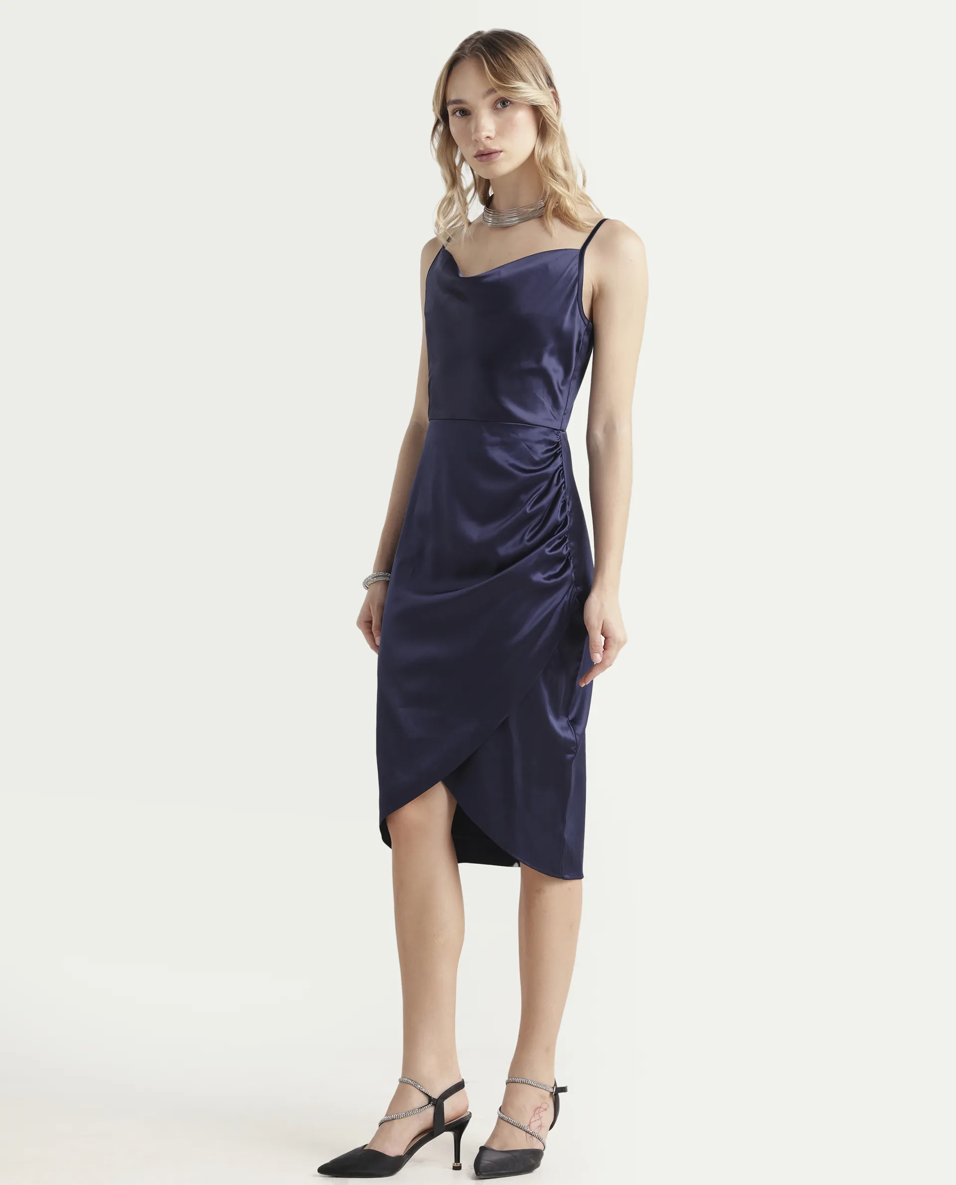 Rareism Women's Rilu Sheen Navy Polyester Blend Cowl Neck Plain Shoulder Strap Knee Length Regular Fit Dress - Image 5