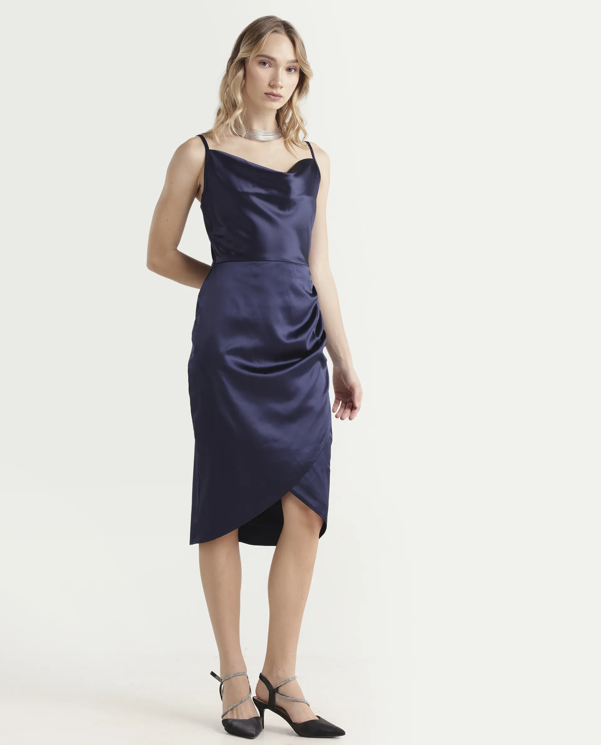 Rareism Women's Rilu Sheen Navy Polyester Blend Cowl Neck Plain Shoulder Strap Knee Length Regular Fit Dress - Image 6