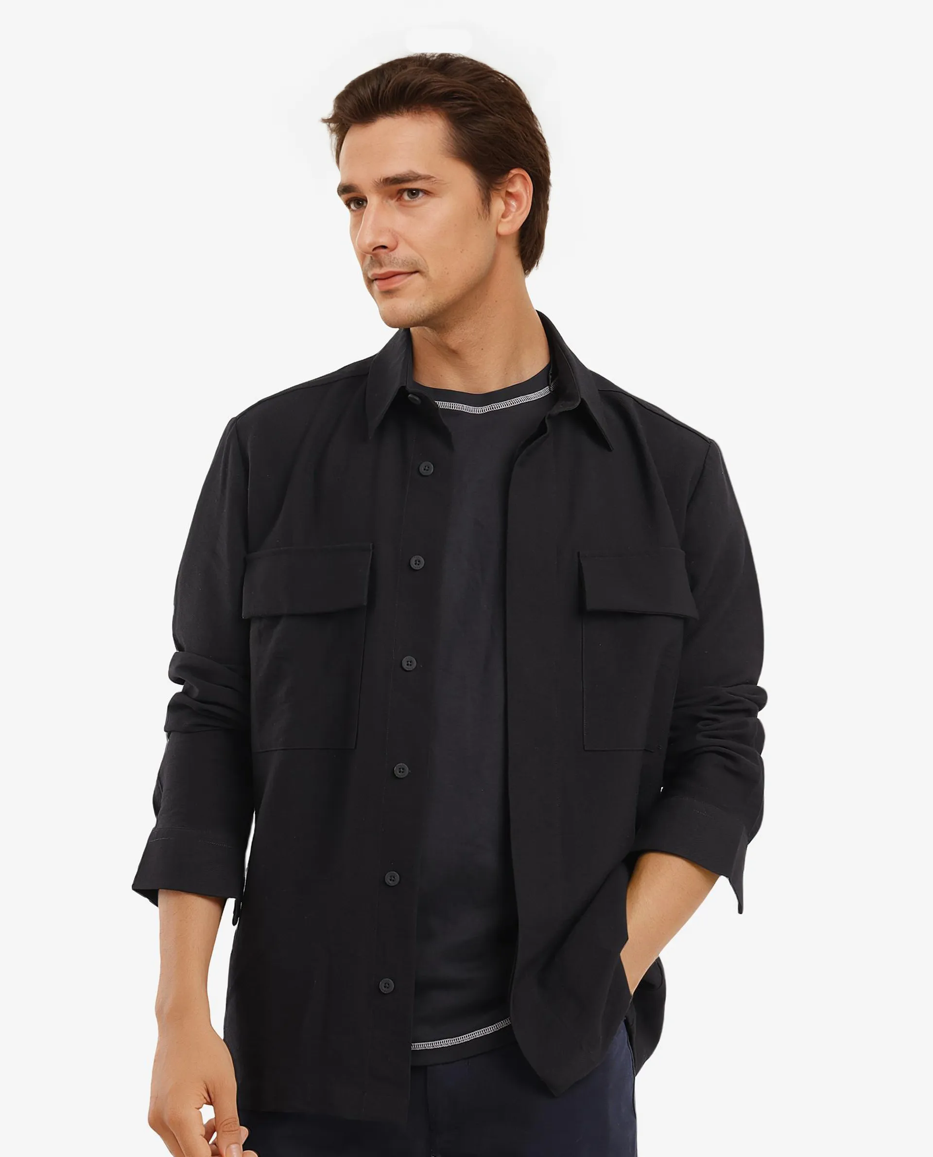 Rare Rabbit Men's Rimal Black Viscose Blend Plain Regular Fit Full Sleeve Collared Shirt - Image 2