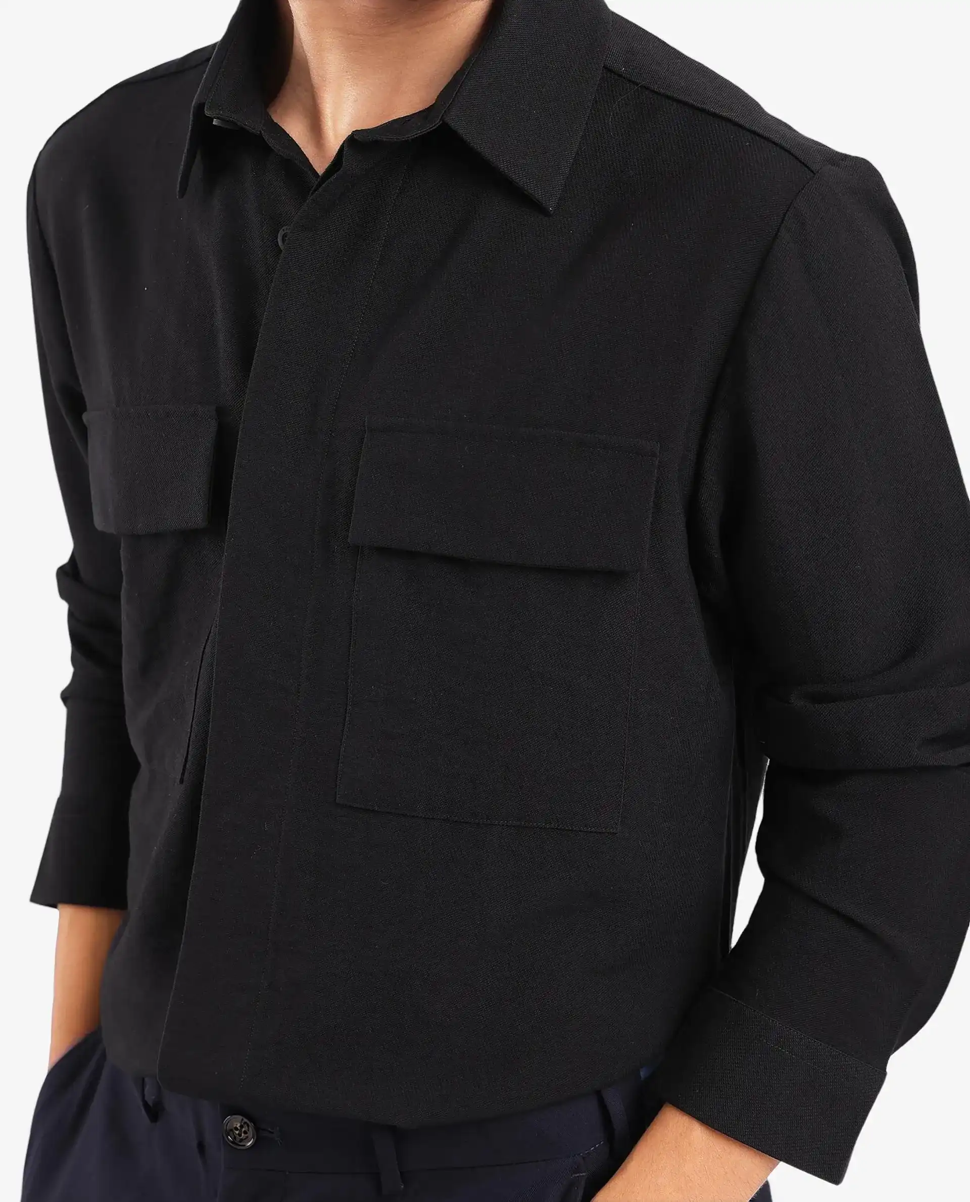 Rare Rabbit Men's Rimal Black Viscose Blend Plain Regular Fit Full Sleeve Collared Shirt - Image 4