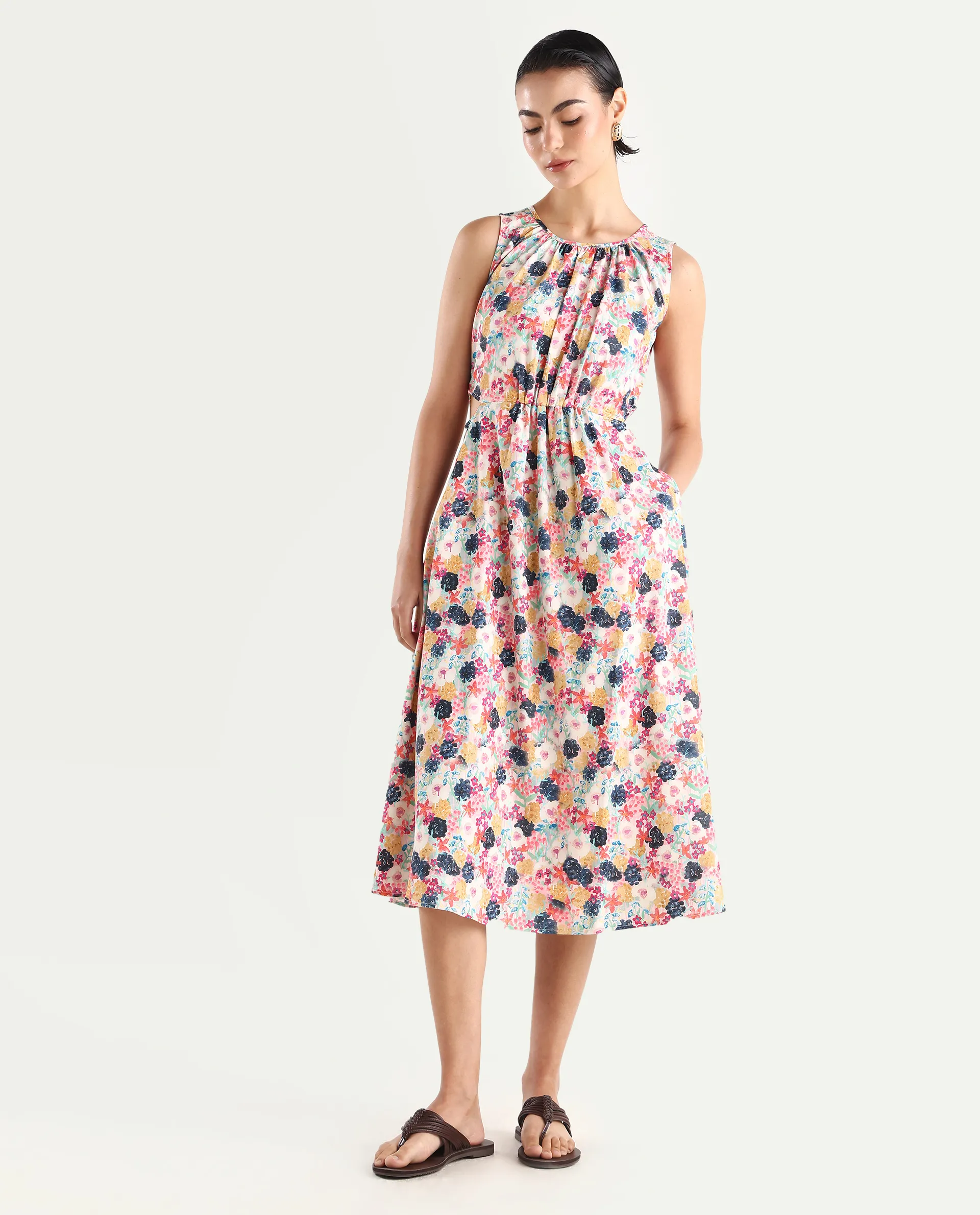 Rareism Women's Rinaf Multi Satin Round Neck Floral Print Sleeveless Midi Fit And Flare Dress - Image 2