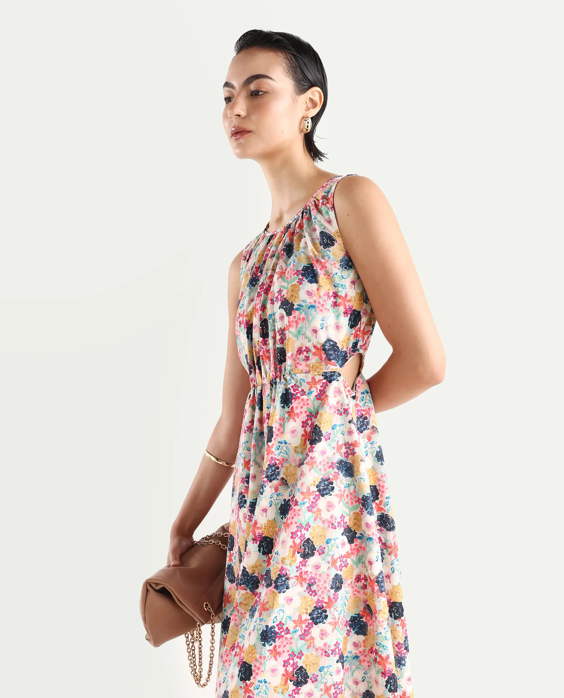 Rareism Women's Rinaf Multi Satin Round Neck Floral Print Sleeveless Midi Fit And Flare Dress - Image 3