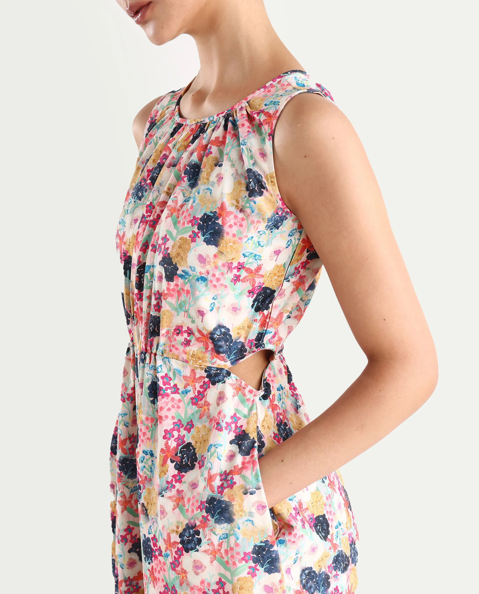 Rareism Women's Rinaf Multi Satin Round Neck Floral Print Sleeveless Midi Fit And Flare Dress - Image 4