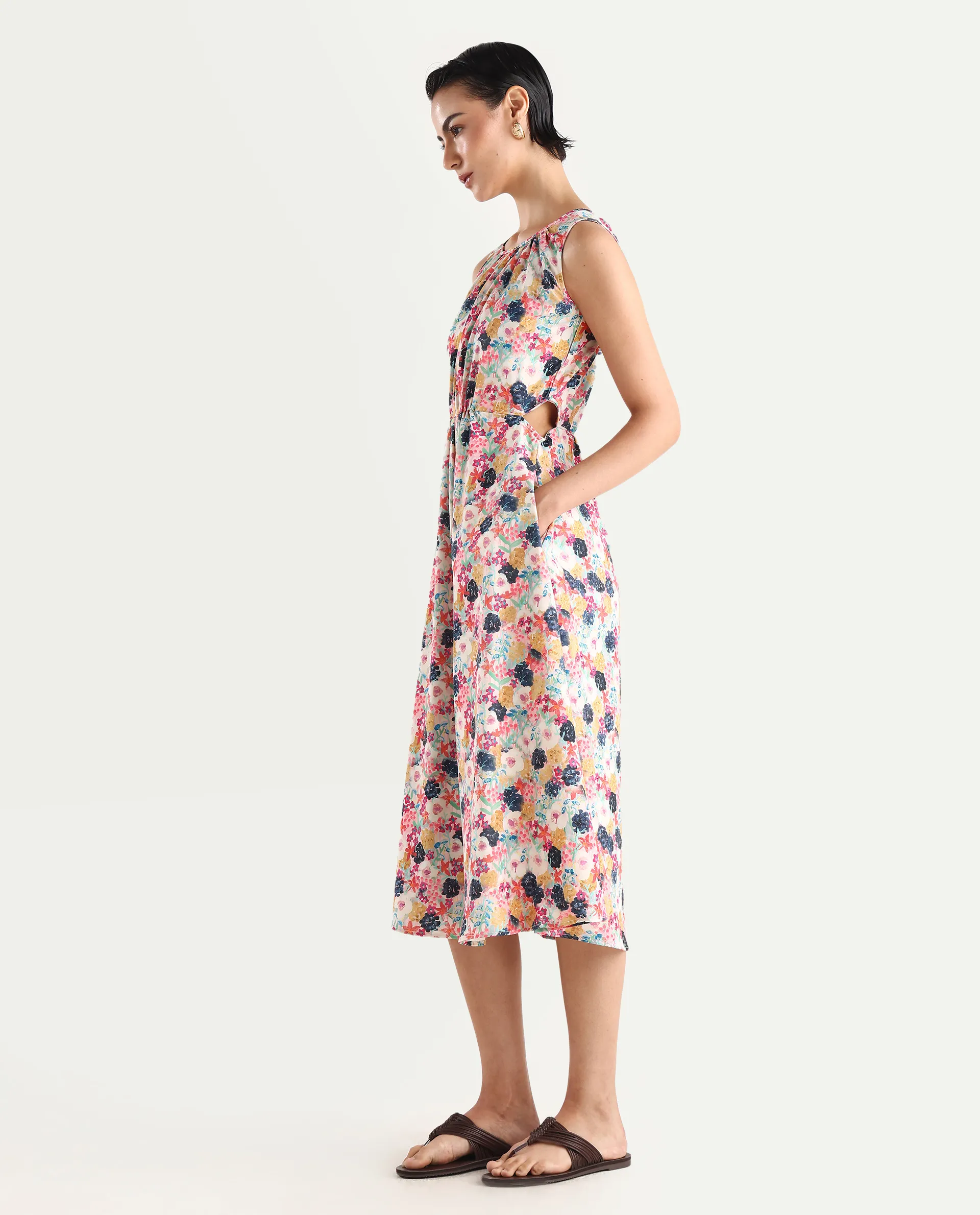 Rareism Women's Rinaf Multi Satin Round Neck Floral Print Sleeveless Midi Fit And Flare Dress - Image 5