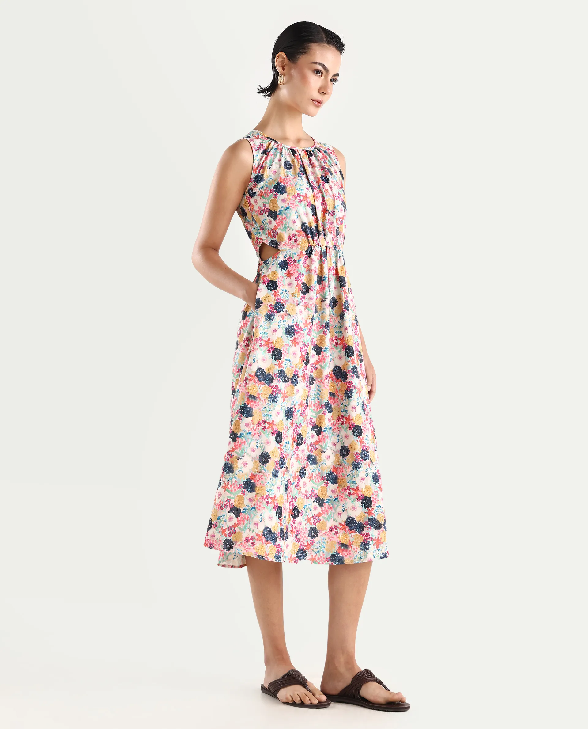 Rareism Women's Rinaf Multi Satin Round Neck Floral Print Sleeveless Midi Fit And Flare Dress - Image 6