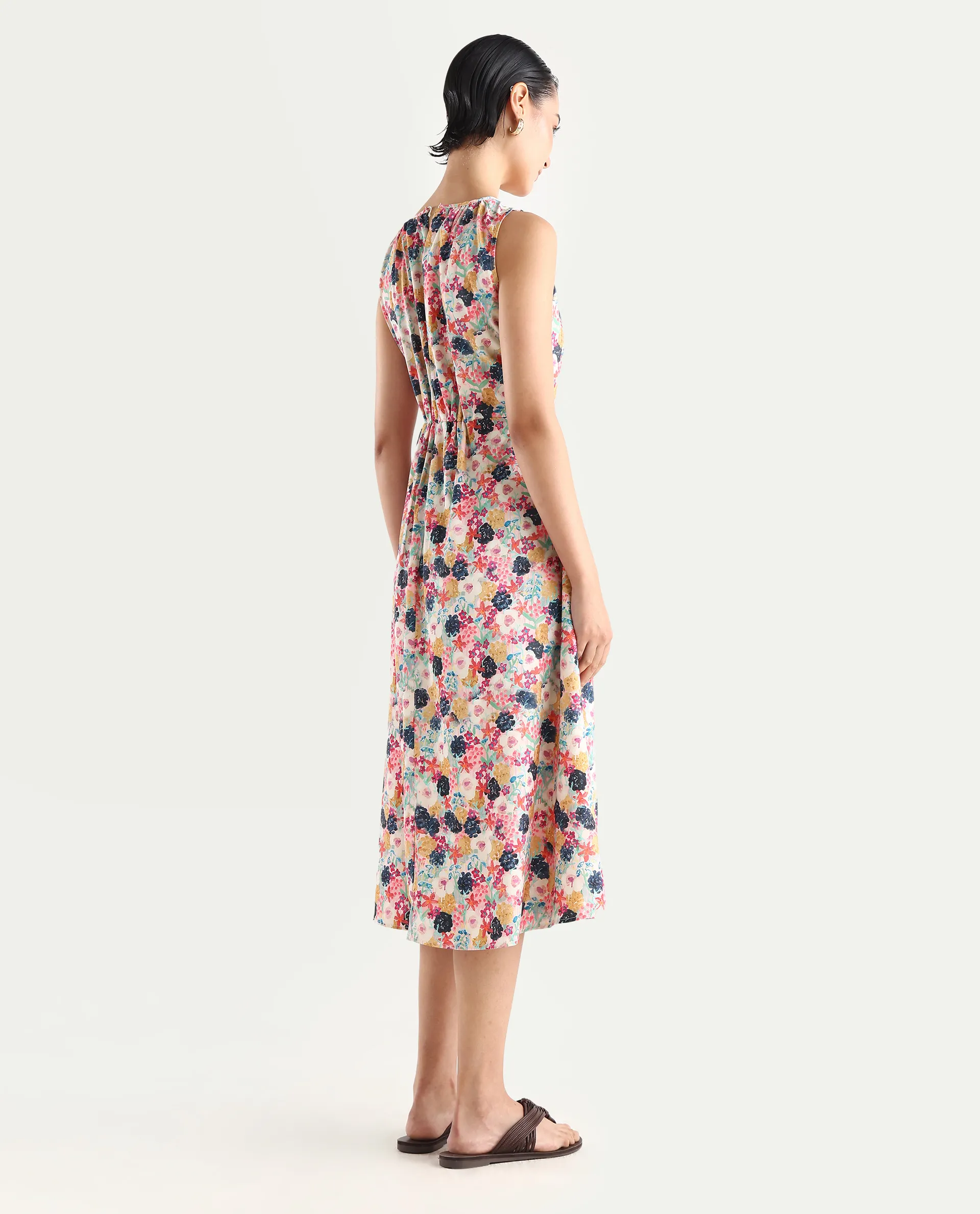 Rareism Women's Rinaf Multi Satin Round Neck Floral Print Sleeveless Midi Fit And Flare Dress - Image 7