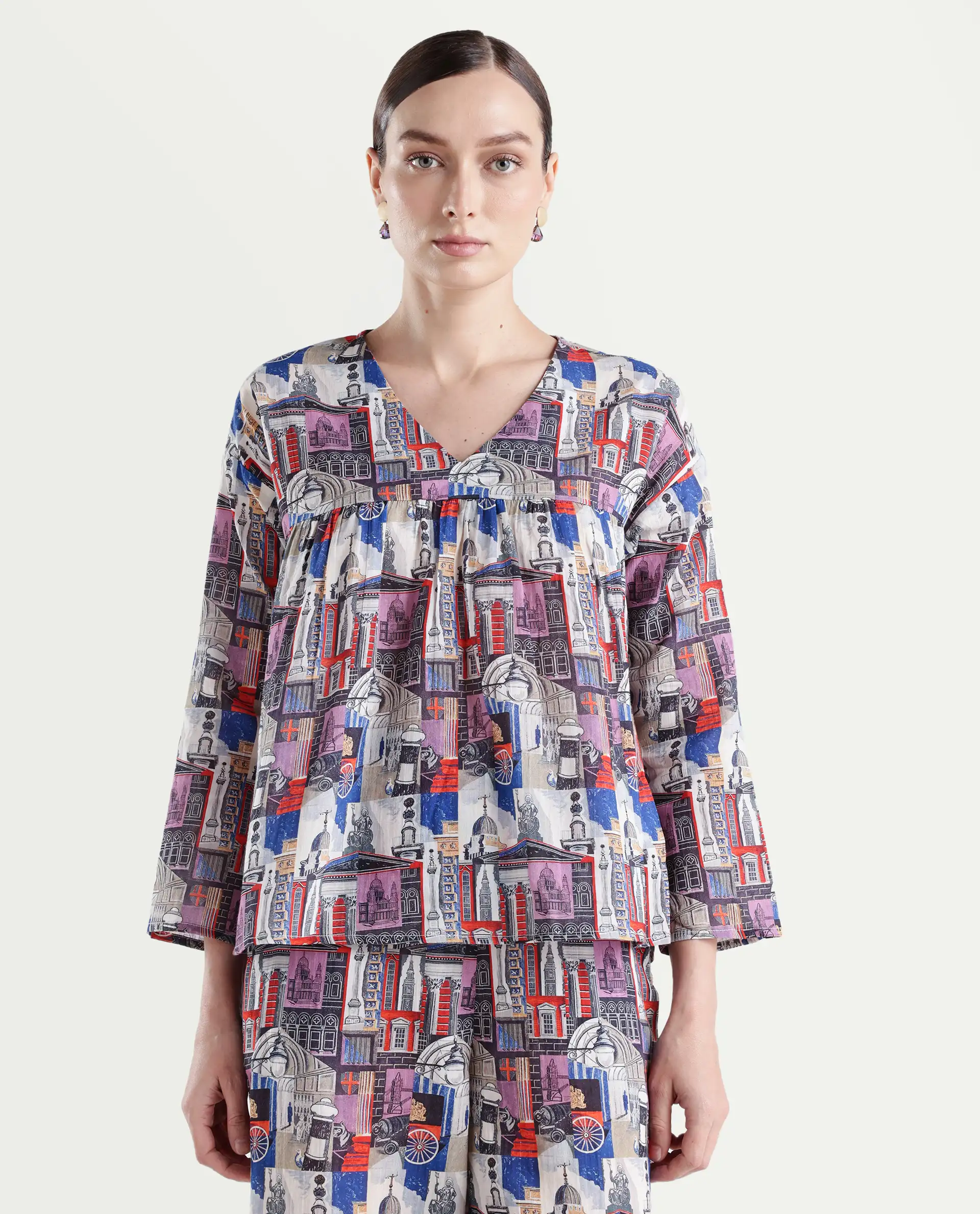 Rareism Women's Rinata-T Multi Cotton V-Neck Abstract Print Regular Fit Top - Image 3