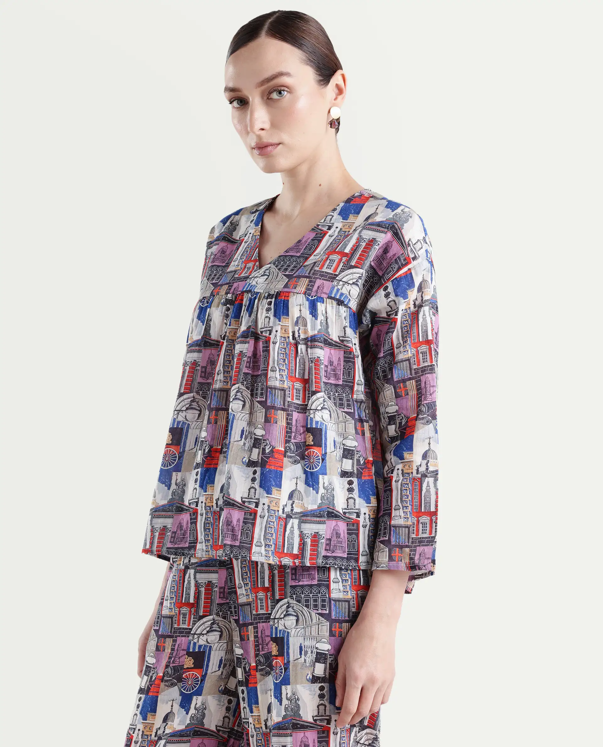 Rareism Women's Rinata-T Multi Cotton V-Neck Abstract Print Regular Fit Top - Image 5