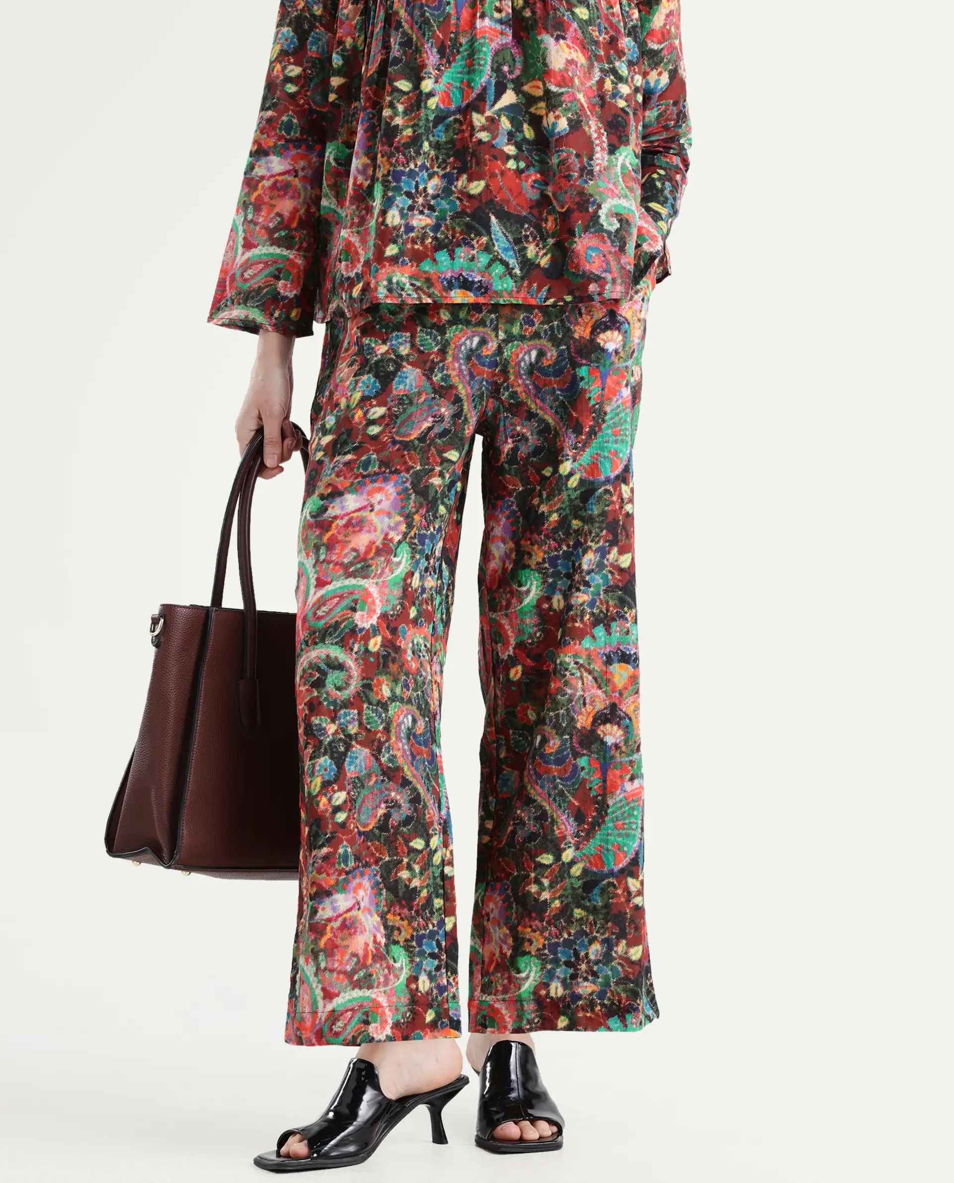 Rareism Women's Rinatao-B Dark Multi Cotton Blend Paisley Print Ankle Length Straight Fit Trouser - Image 2