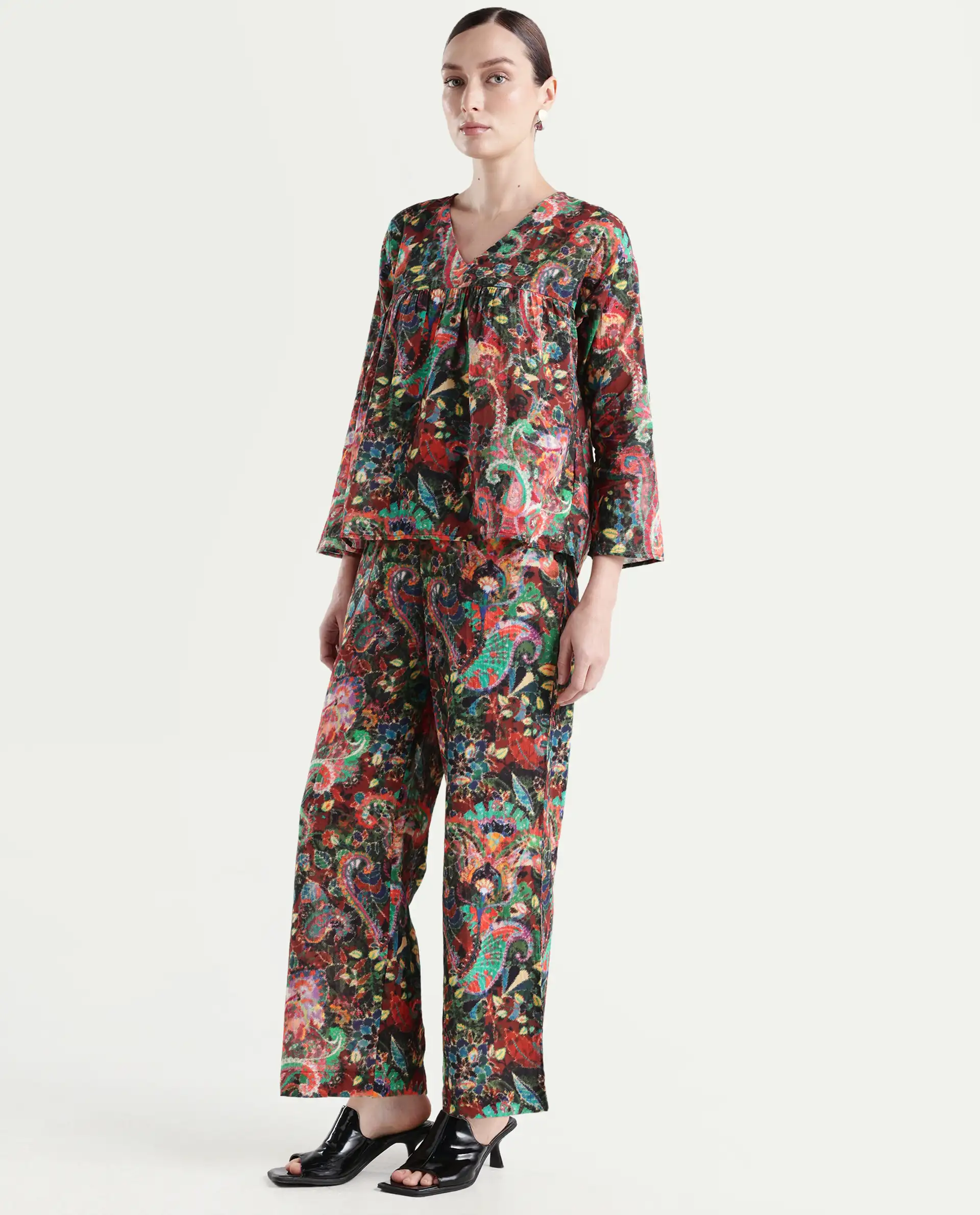 Rareism Women's Rinatao-B Dark Multi Cotton Blend Paisley Print Ankle Length Straight Fit Trouser - Image 5