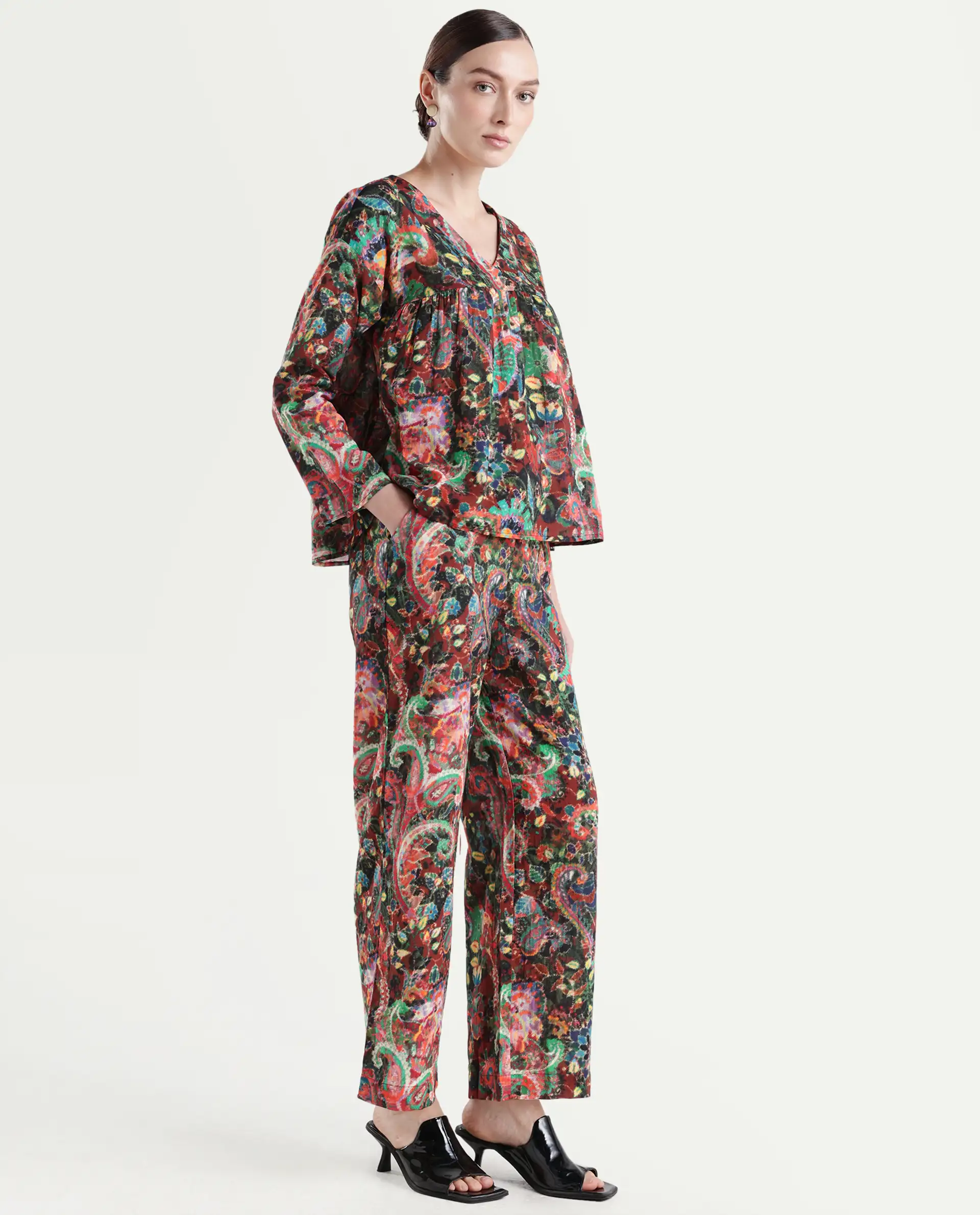 Rareism Women's Rinatao-B Dark Multi Cotton Blend Paisley Print Ankle Length Straight Fit Trouser - Image 6