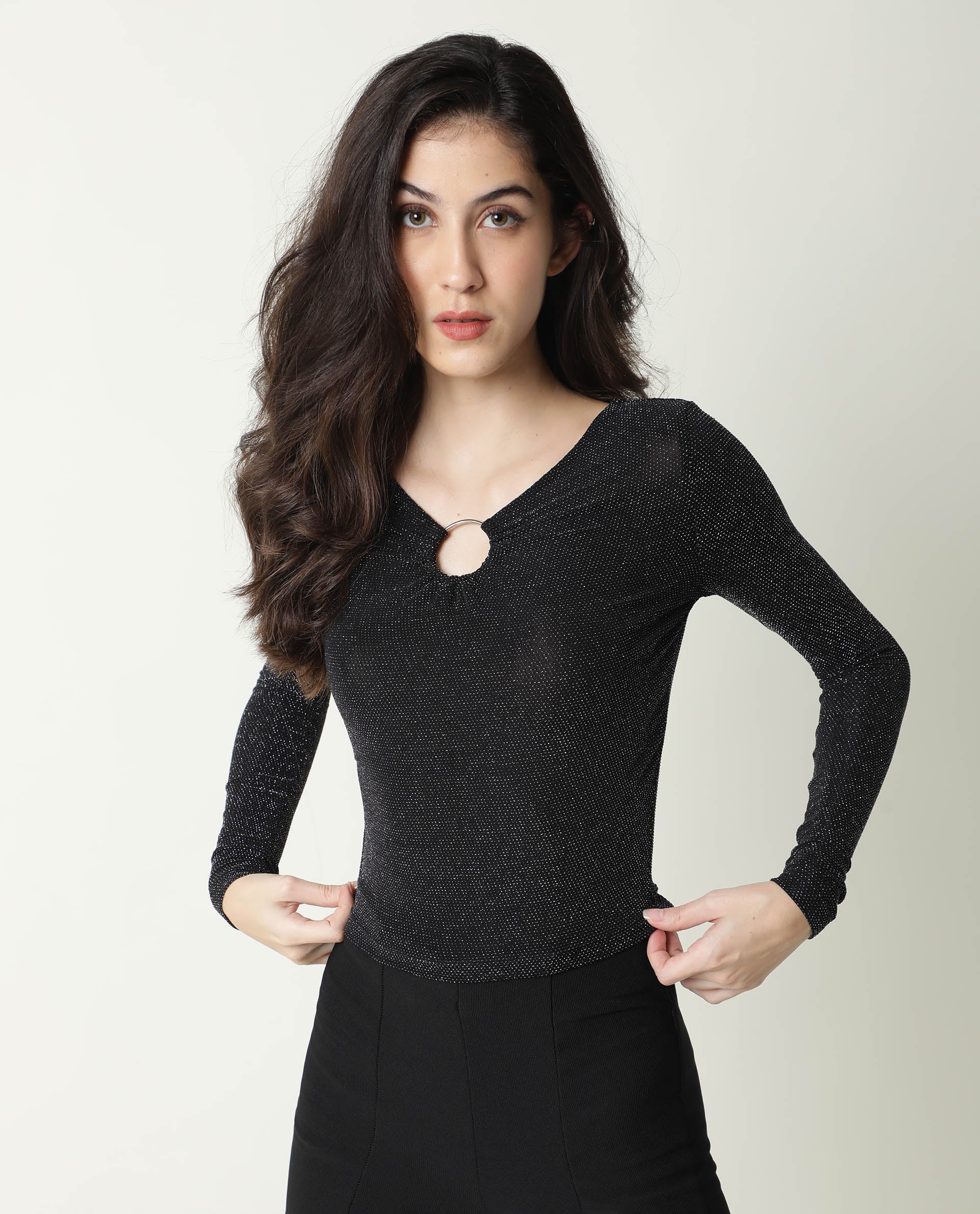 Rareism Women Ring Black Top Nylon Fabric Full Sleeves Solid - Image 10