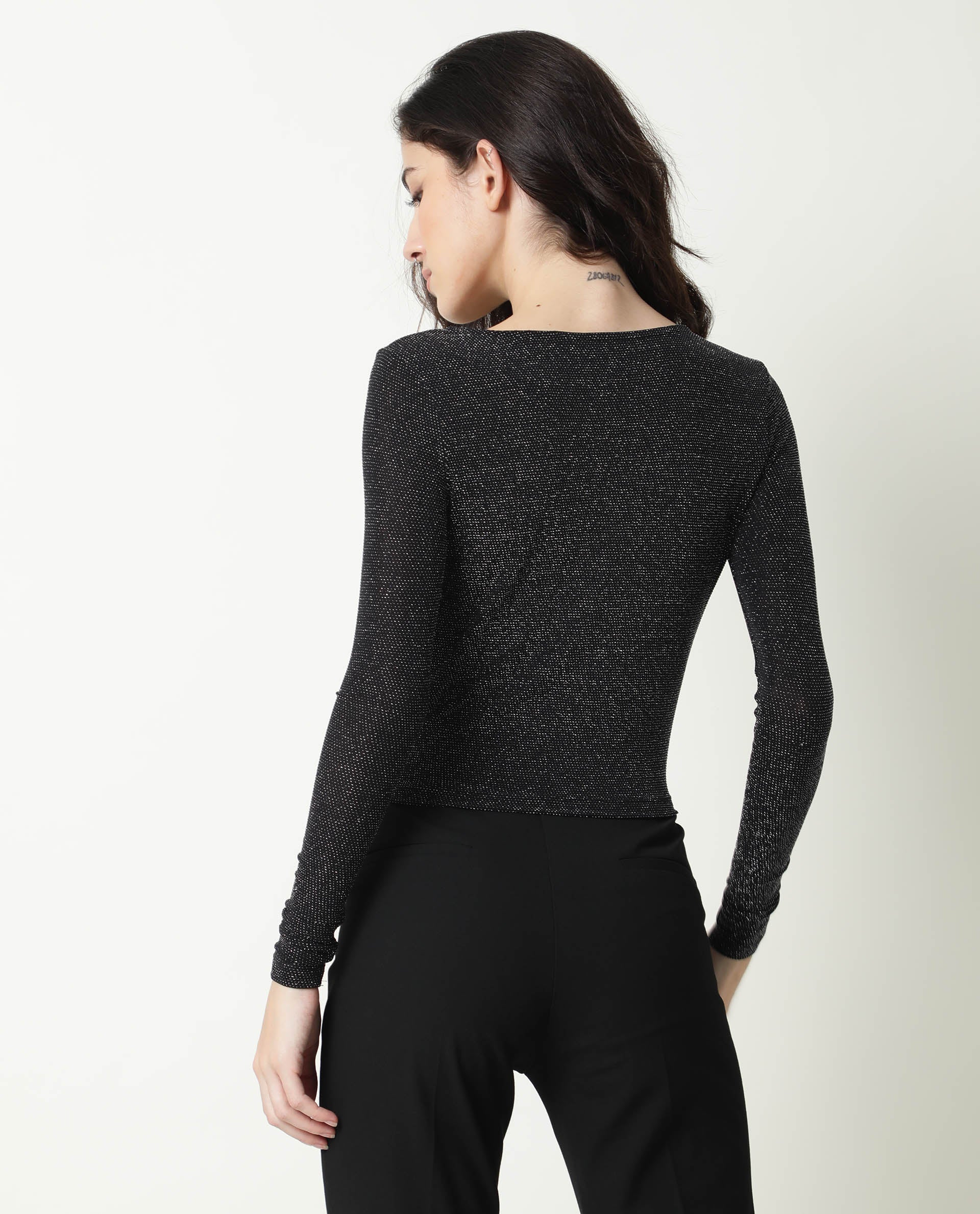 Rareism Women Ring Black Top Nylon Fabric Full Sleeves Solid - Image 11