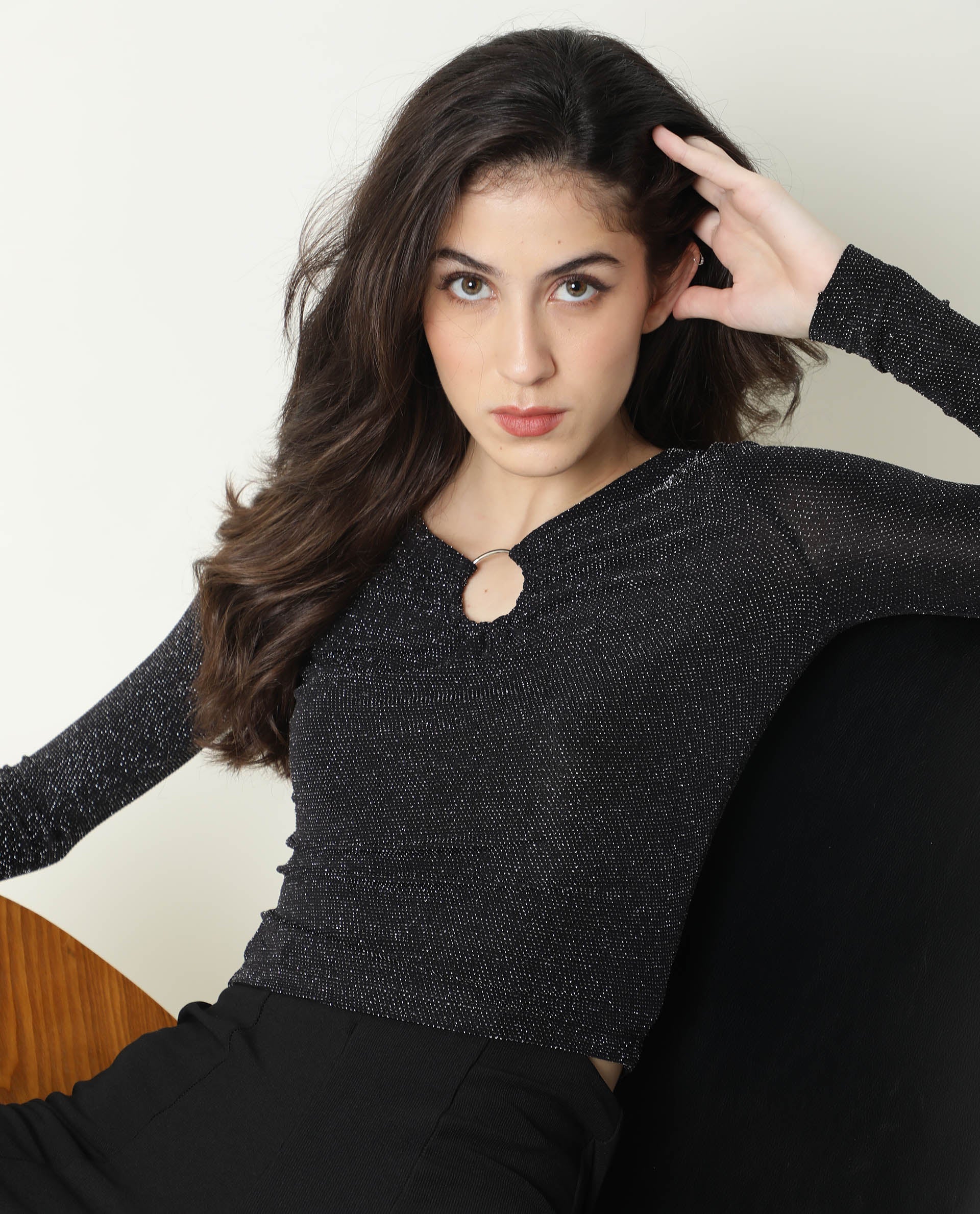 Rareism Women Ring Black Top Nylon Fabric Full Sleeves Solid - Image 2